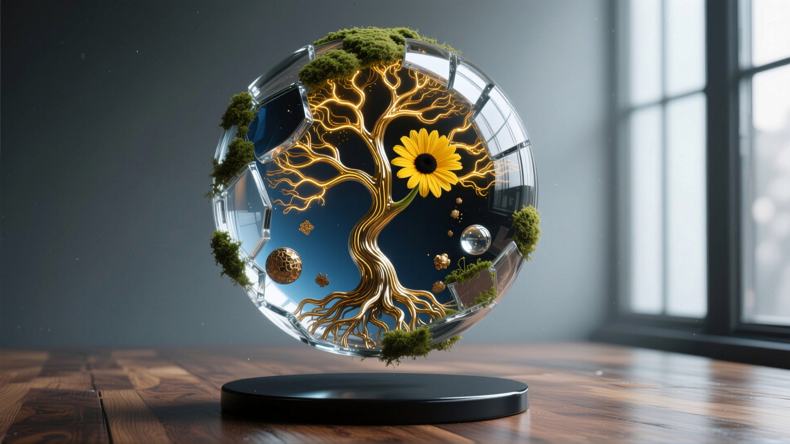 A glowing tree in glass sphere with sunflower and moss.