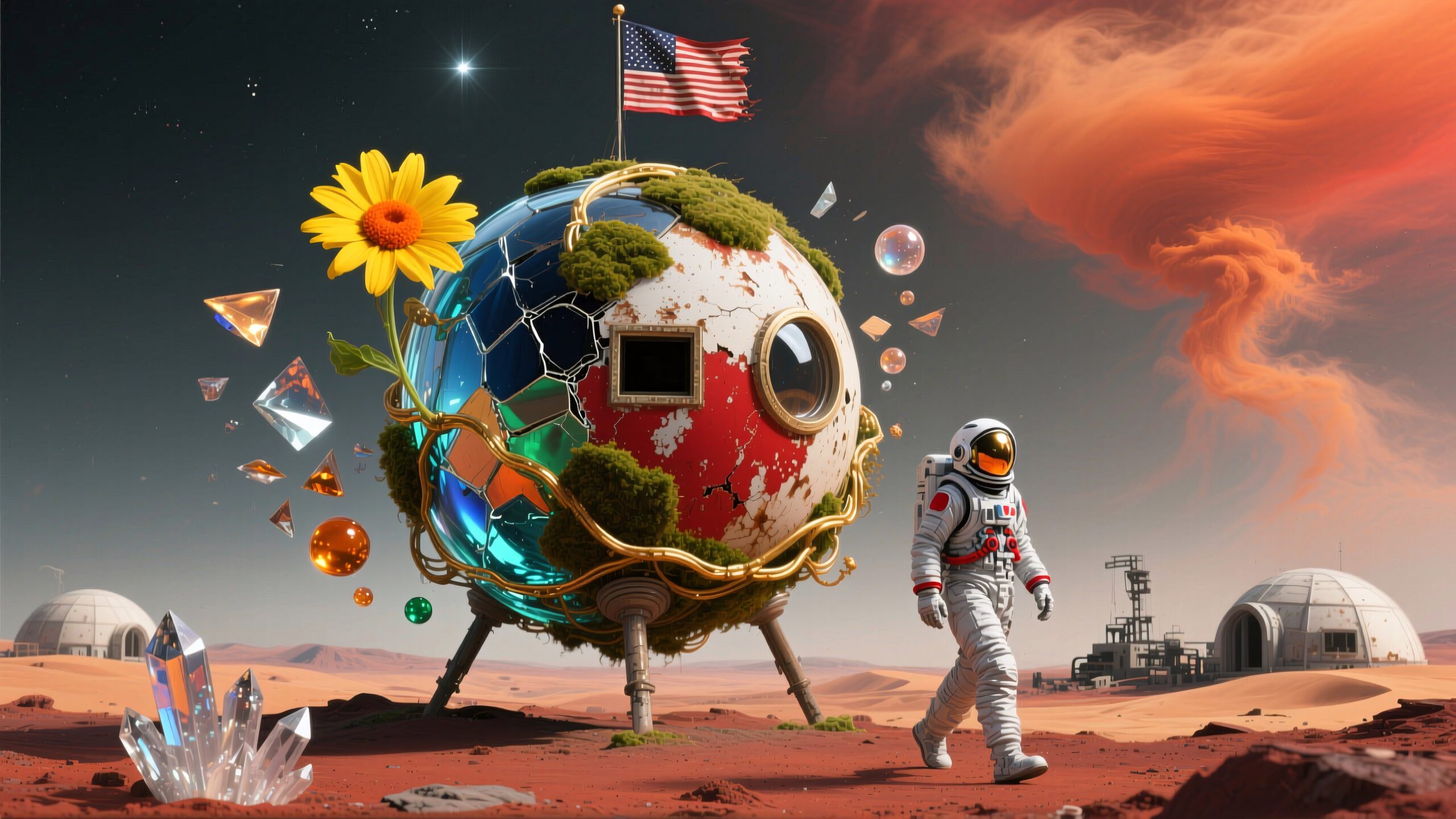 A futuristic Martian scene with an astronaut and colorful spherical habitat against a fiery sky.