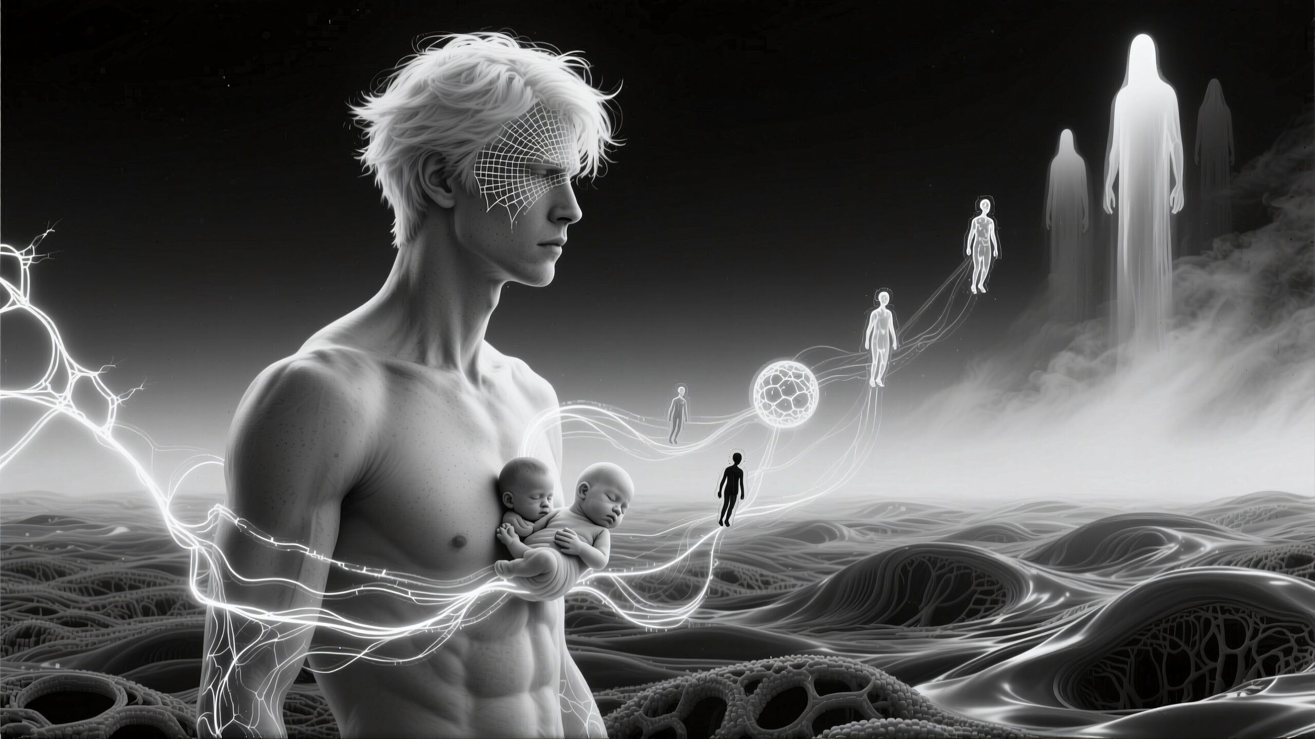 Futuristic man with babies and ghostly figures in surreal landscape.
