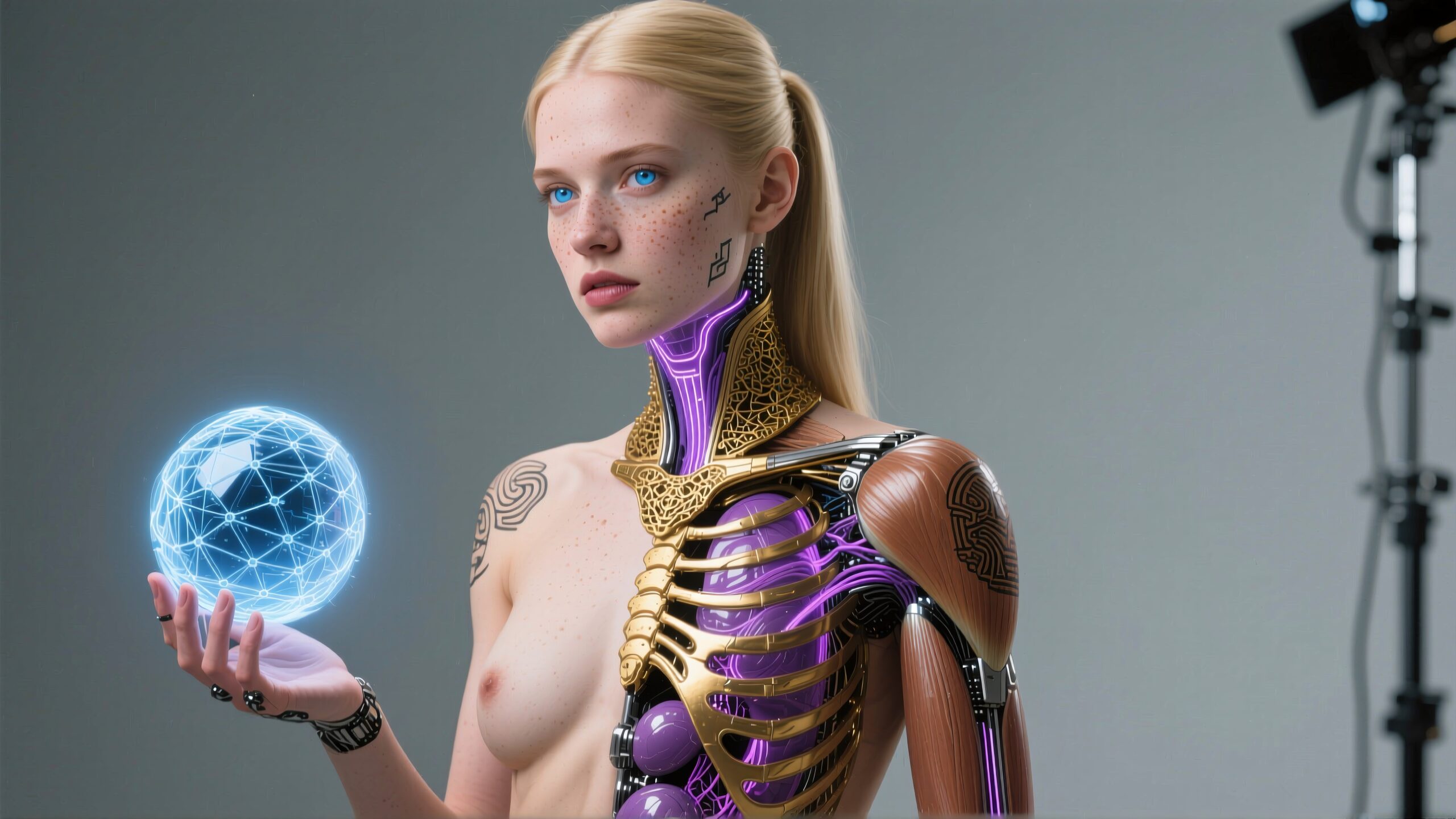 A futuristic cyborg woman holding a glowing blue orb.