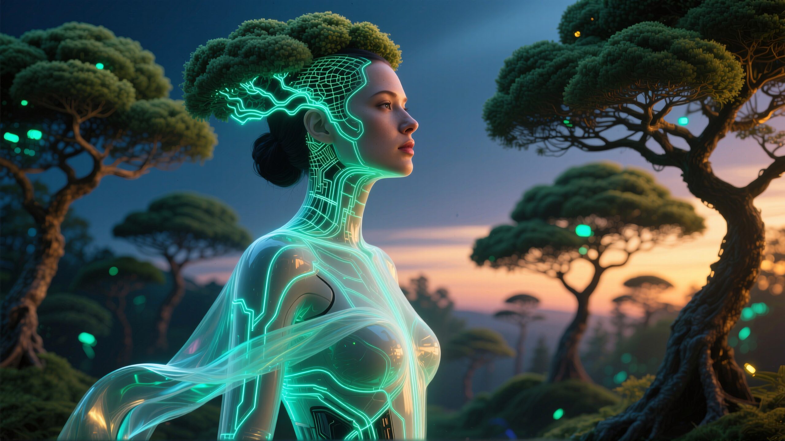 A futuristic depiction of a cyborg woman in a glowing forest setting.