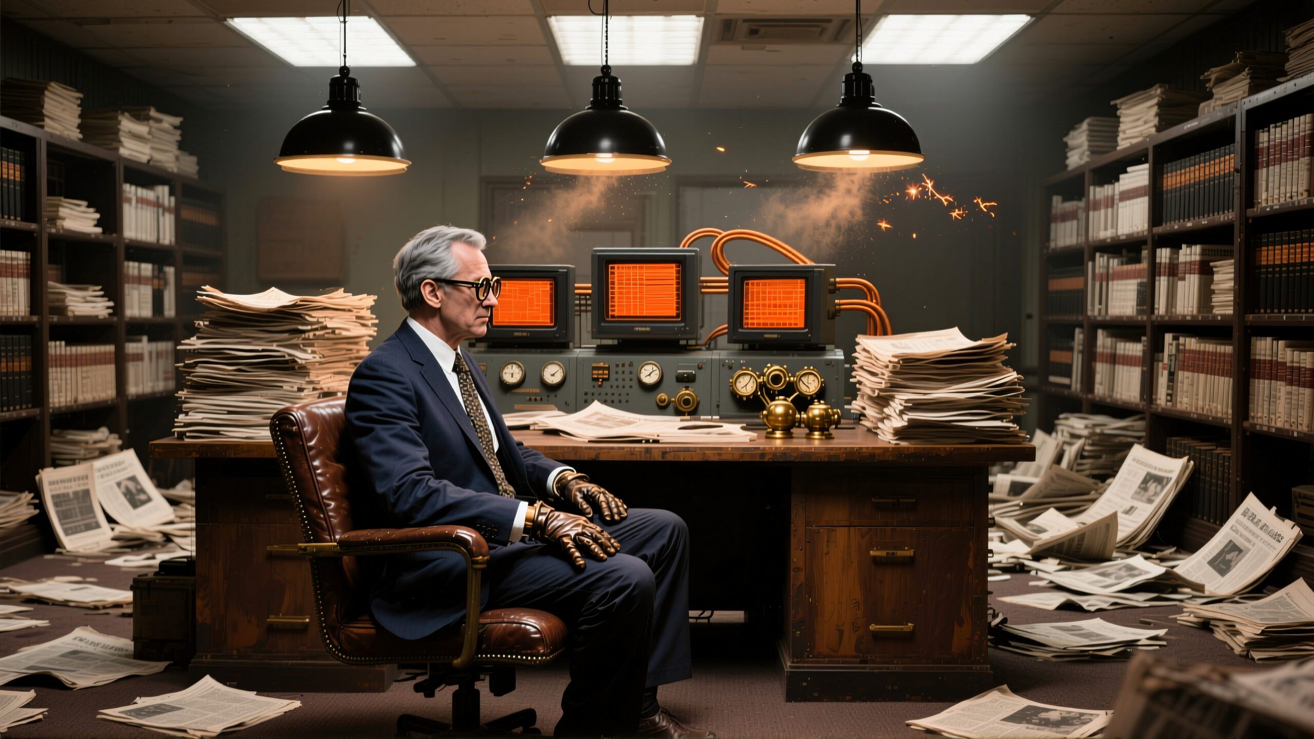 A man in a vintage office surrounded by books and papers works at a retro control panel.