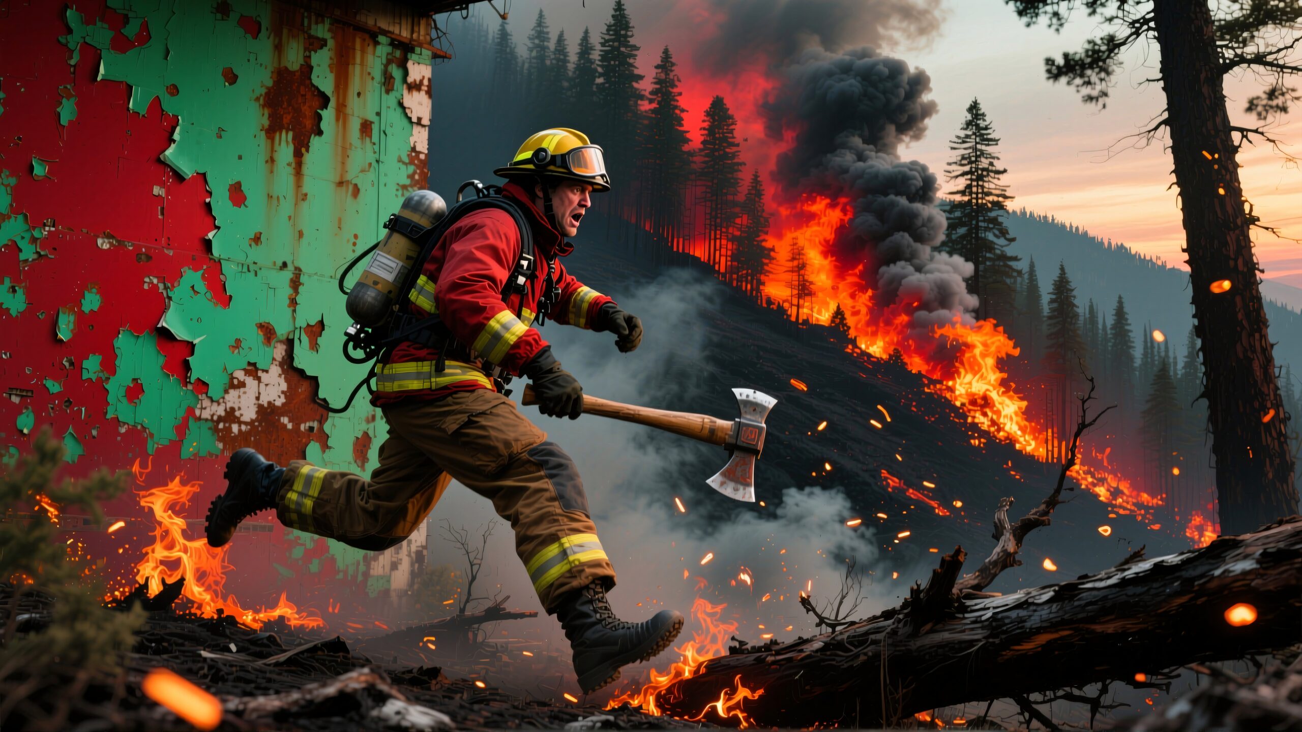 Firefighter battles intense forest wildfire.