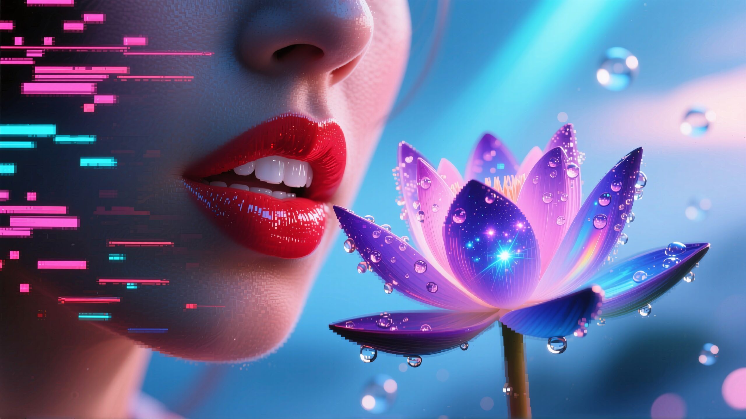 A vibrant composition of red lips and an illuminated lotus flower with droplets, set against a digital and colorful background.