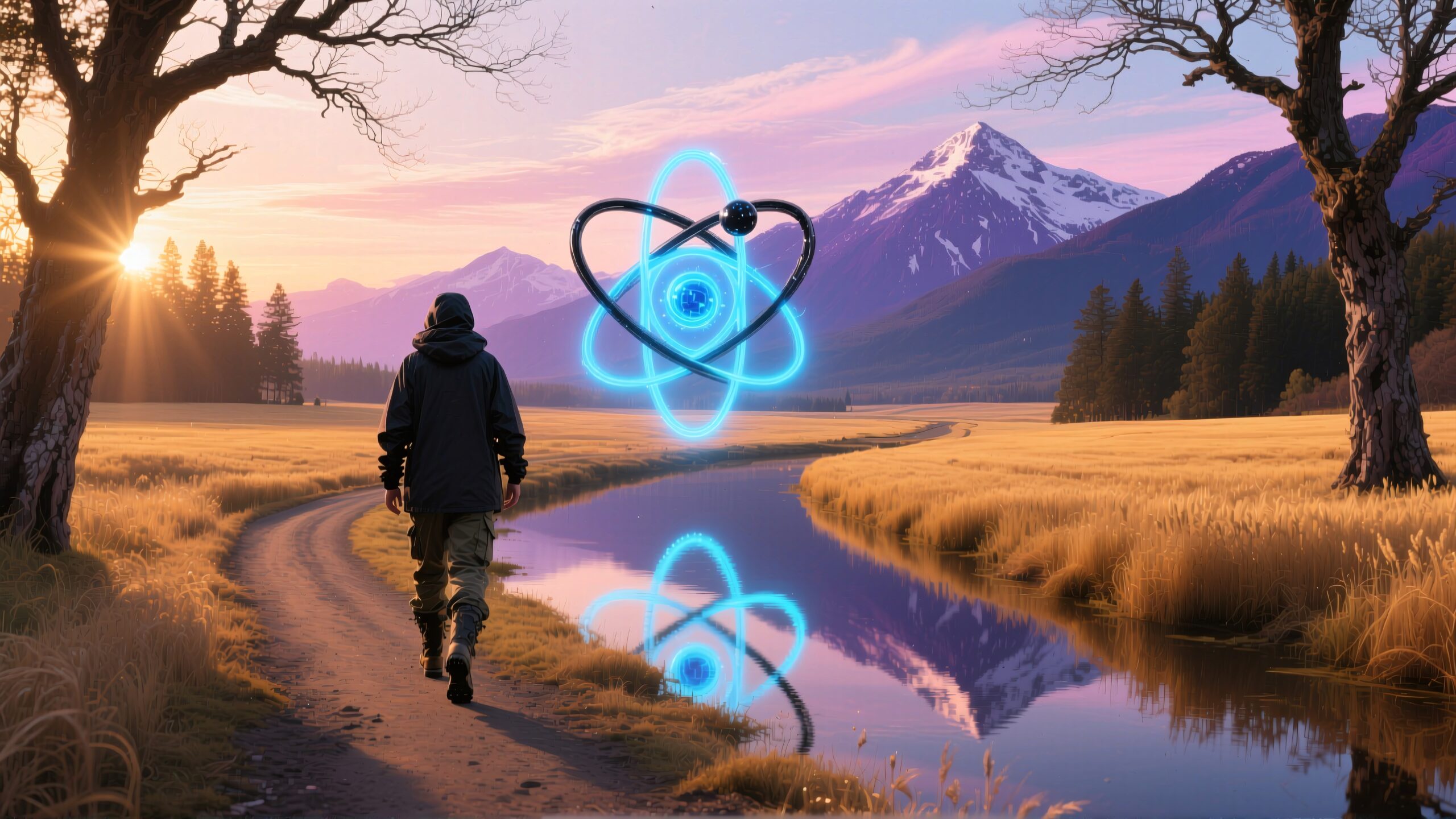 A person walking along a scenic path beside a river with a futuristic glowing atom above, set against a mountain sunset backdrop.