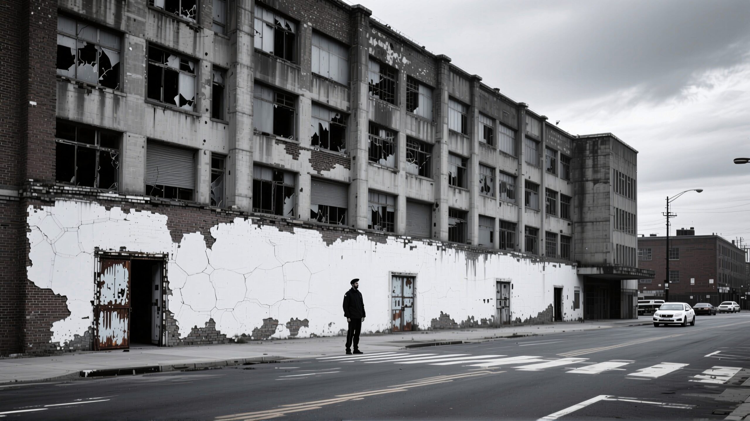 A solitary figure on a deserted street in front of an abandoned, broken-windowed building under an overcast sky.