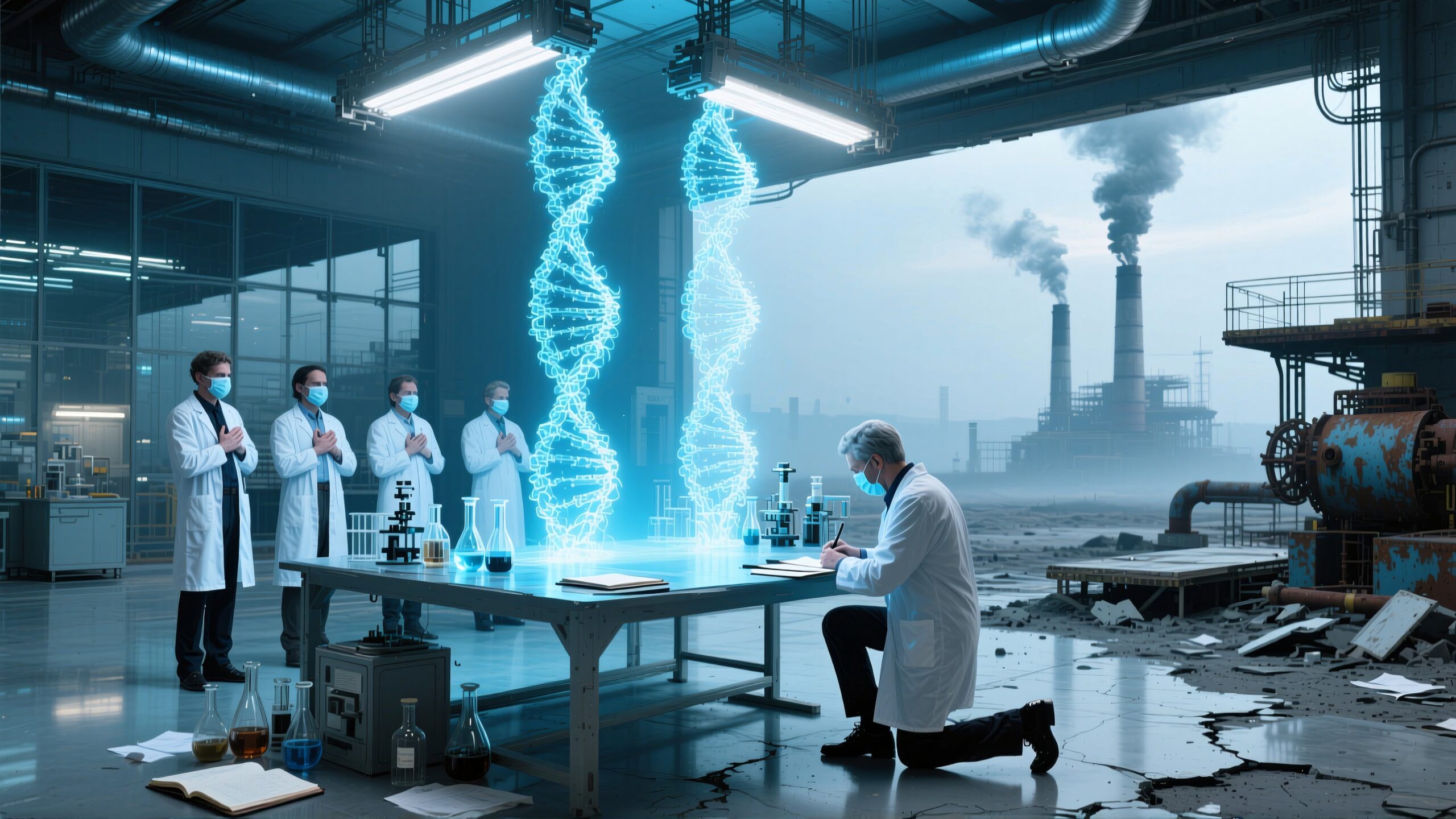 Scientists in futuristic lab studying holographic DNA.