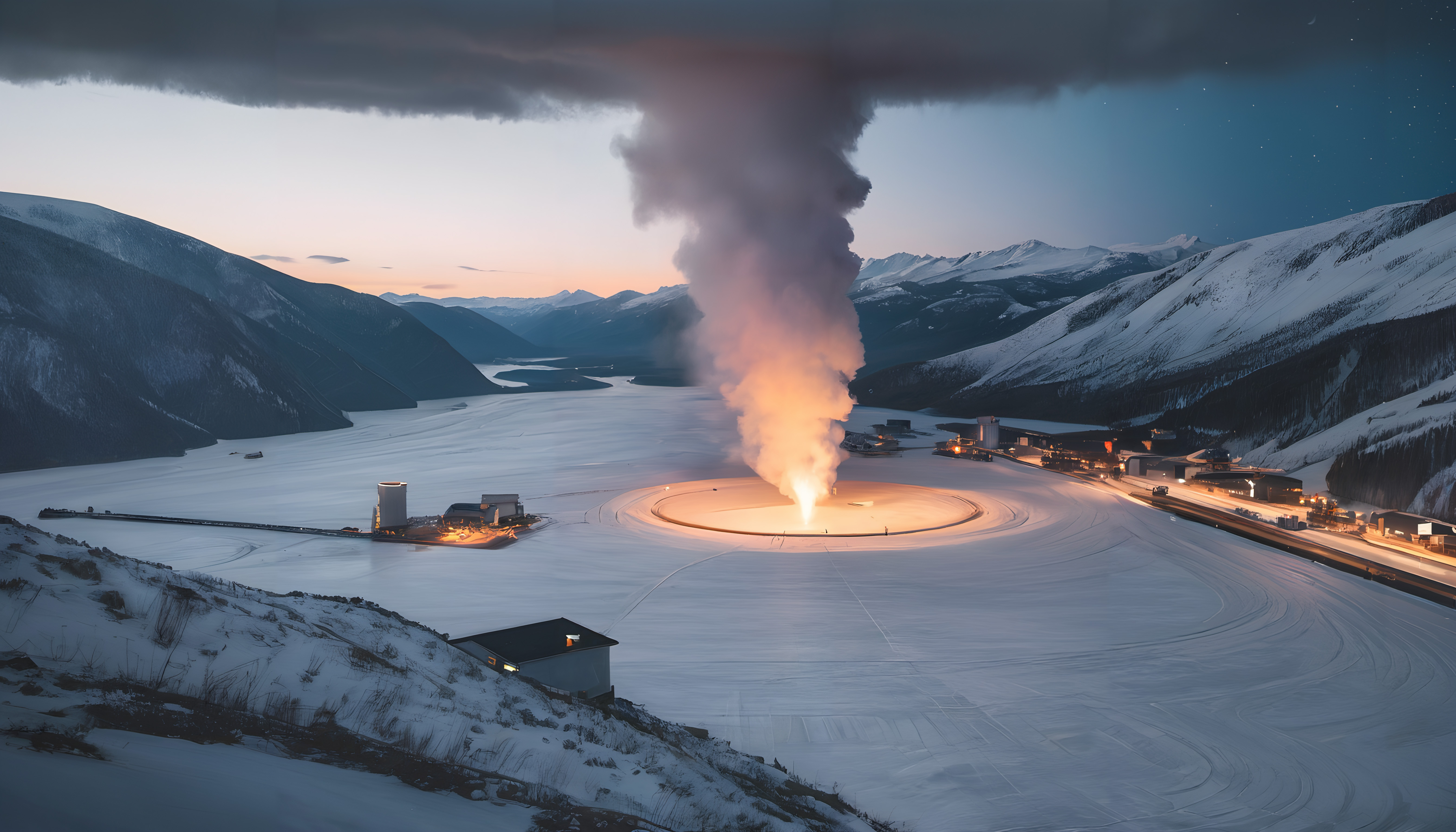 A glowing industrial facility surrounded by snow and mountains under a twilight sky.