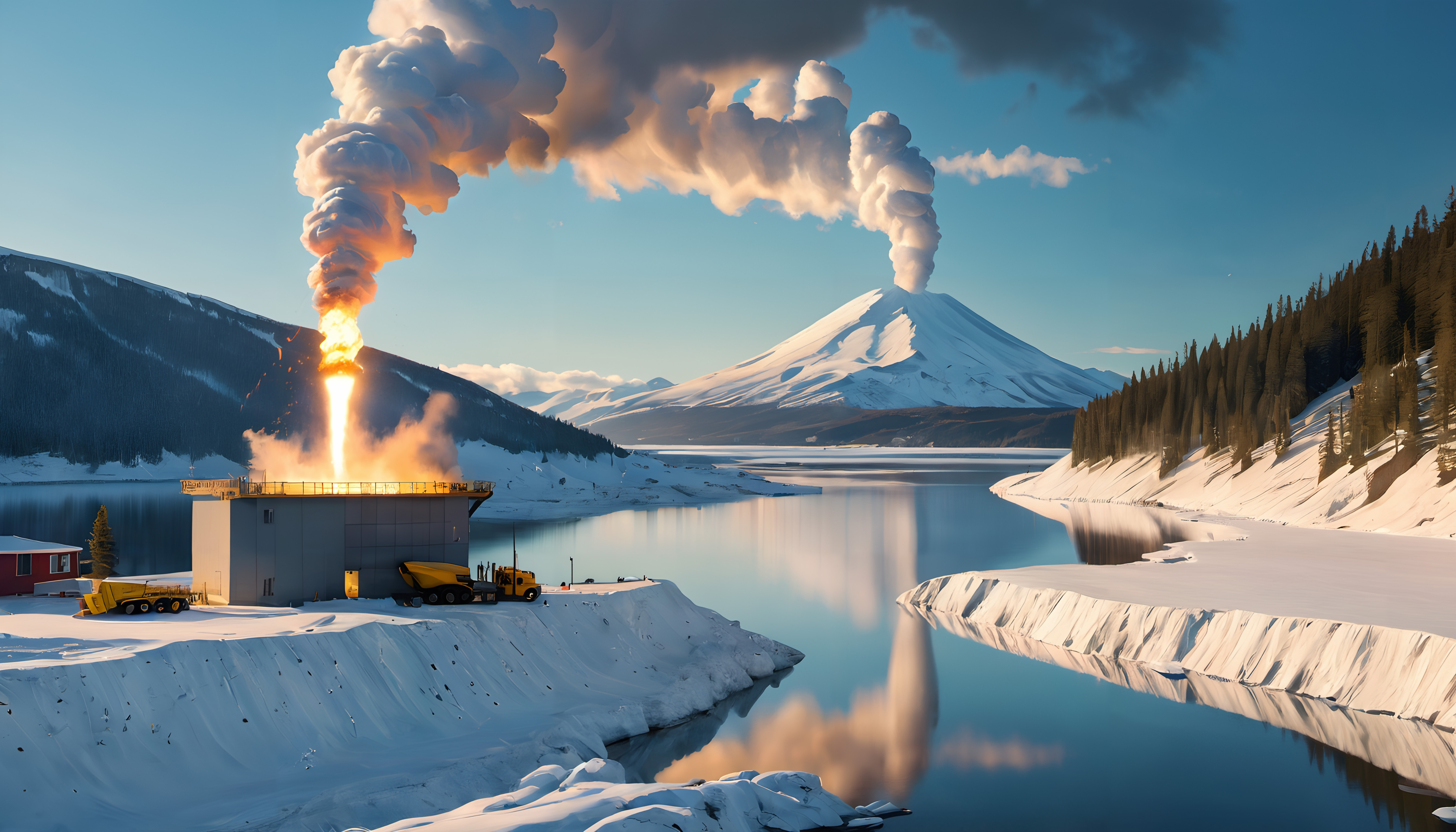 Spectacular rocket launch near snowy volcano reflecting in calm lake.