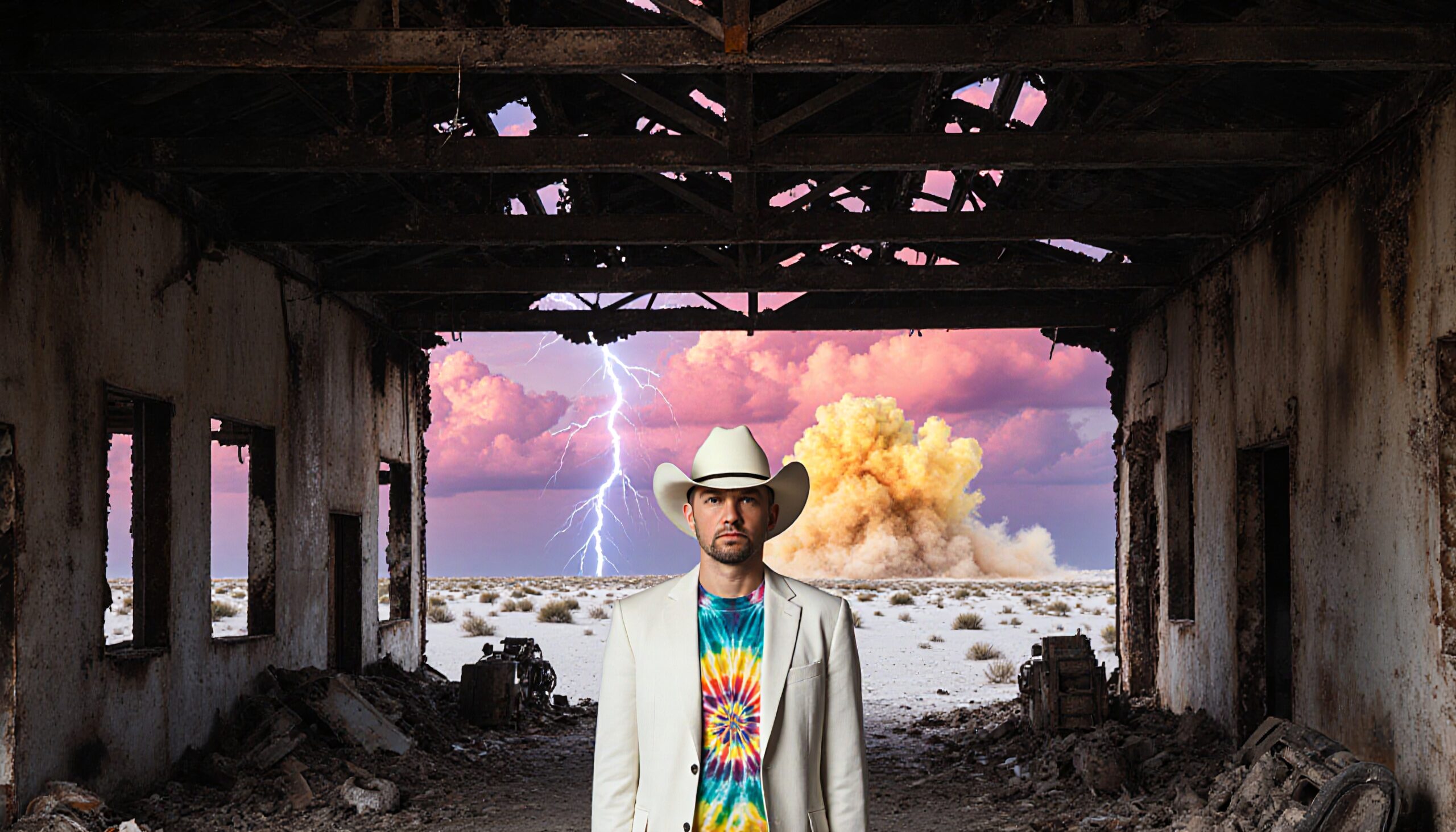 A man in a tie-dye shirt and cowboy hat stands in a dilapidated building with a dramatic desert and lightning backdrop.
