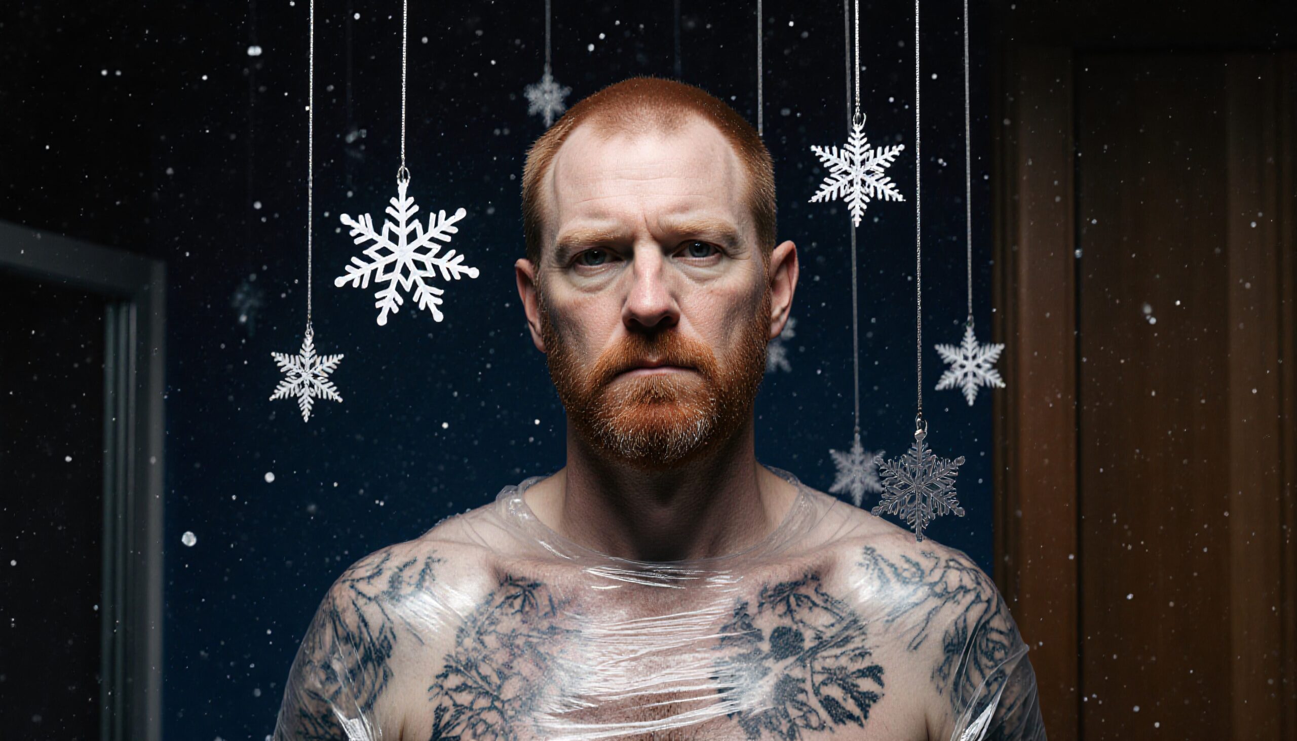 A red-haired person with tattoos stands amid hanging snowflakes in a surreal wintry scene.