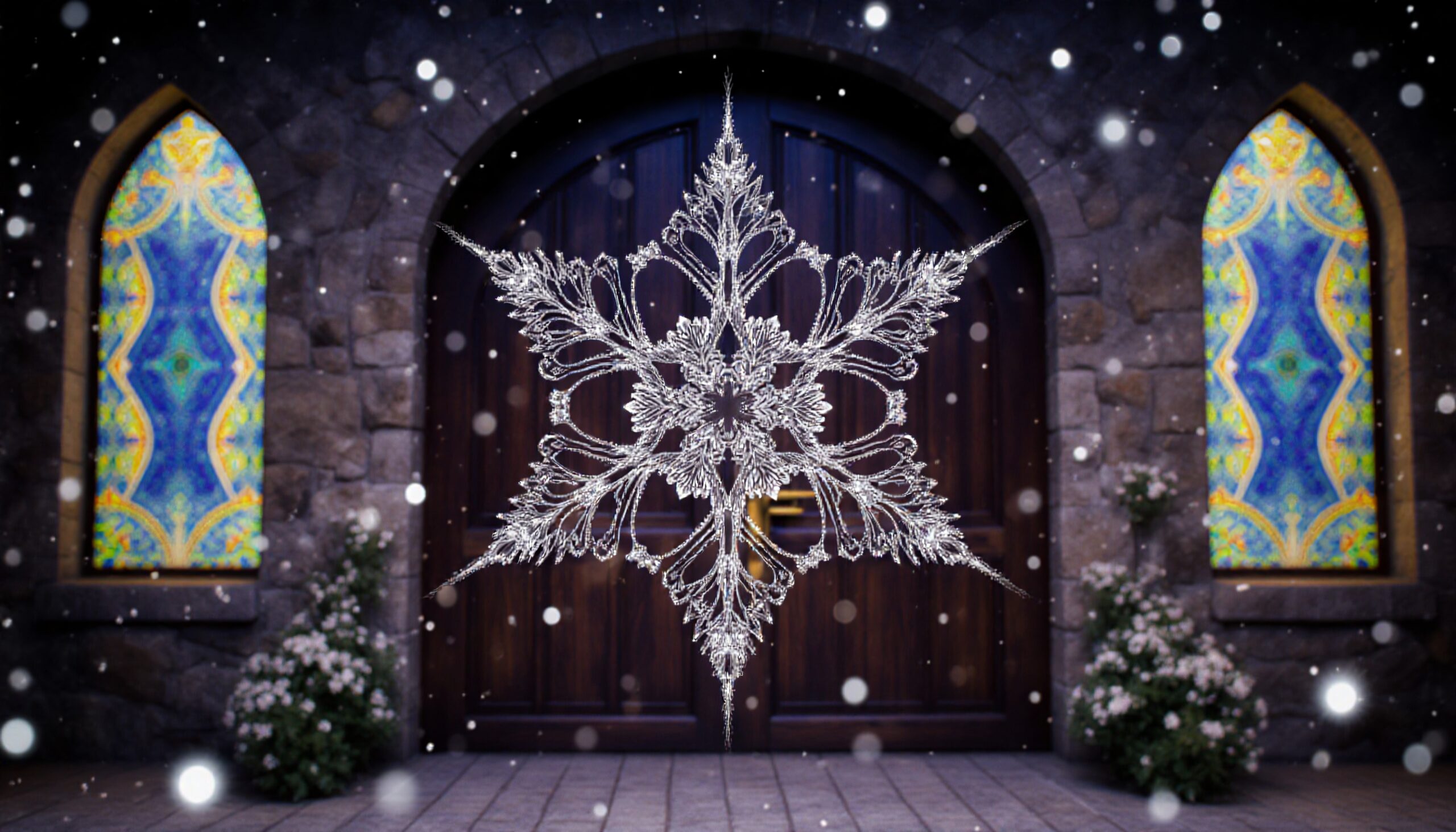 A large, intricate snowflake with colorful stained glass windows decorates a snowy stone entrance.