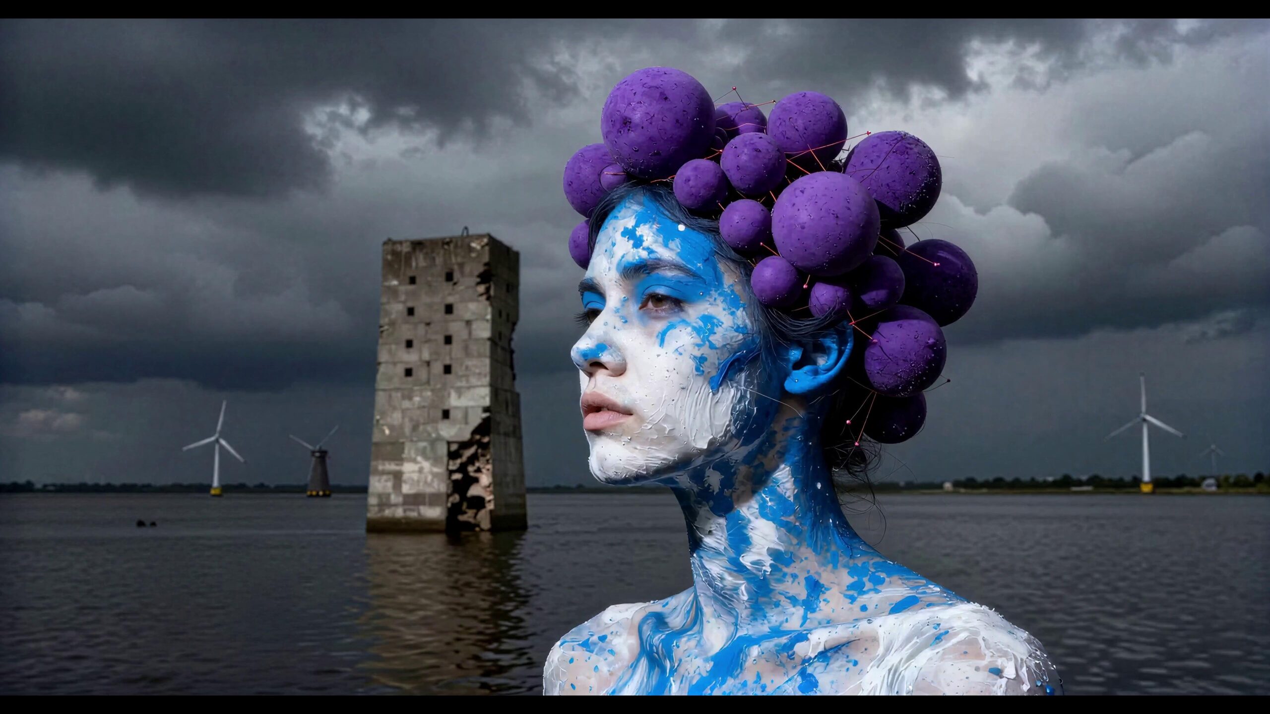 Blue-painted goddess with purple orbs facing turbulent seascape