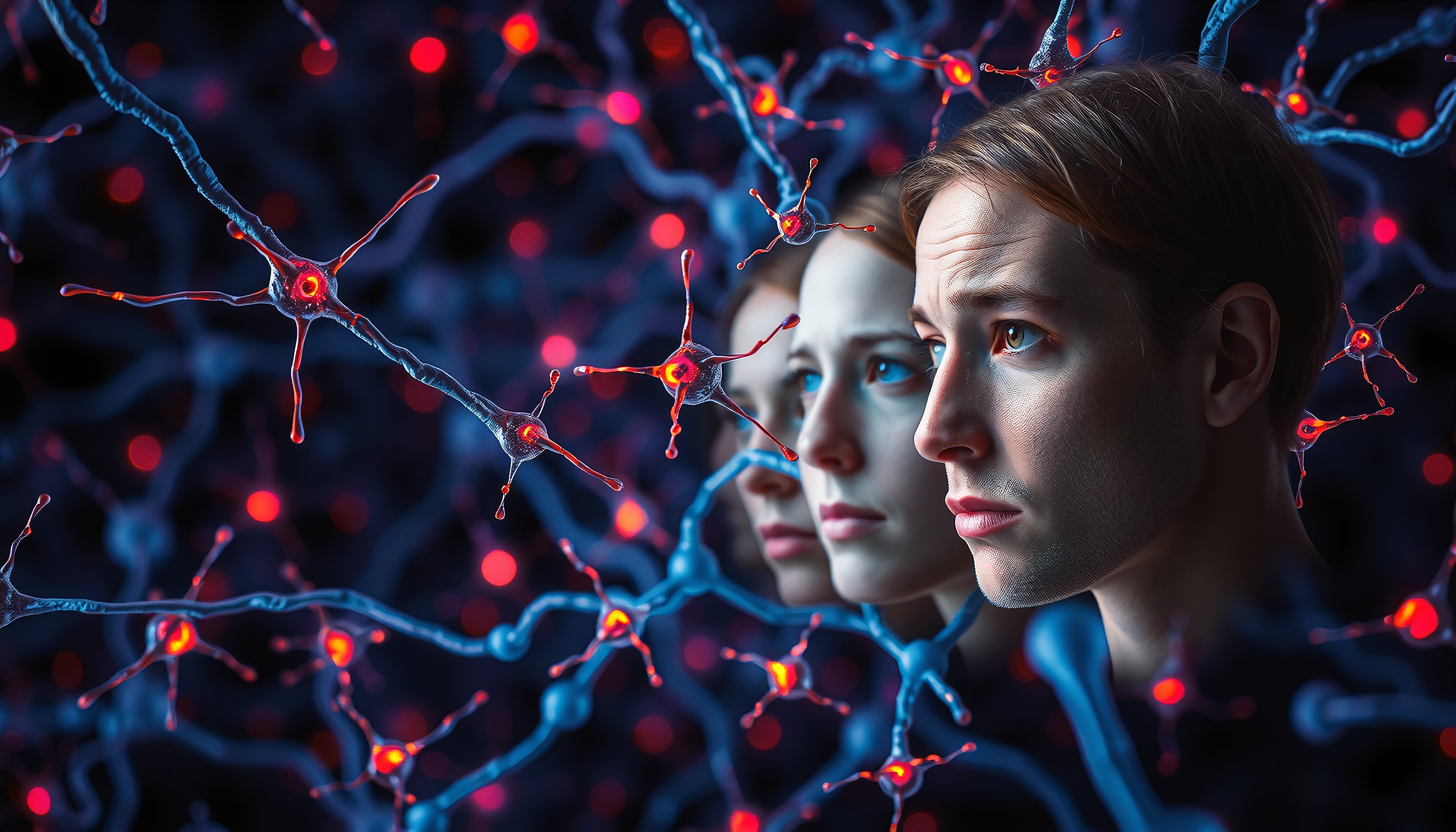 A contemplative person among glowing neurons, illustrating neural networks and human cognition.