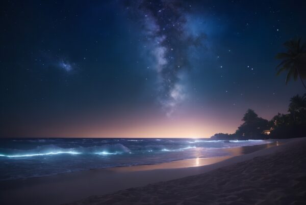 A serene beach at night with the Milky Way galaxy shining above and soft waves lapping the shore.