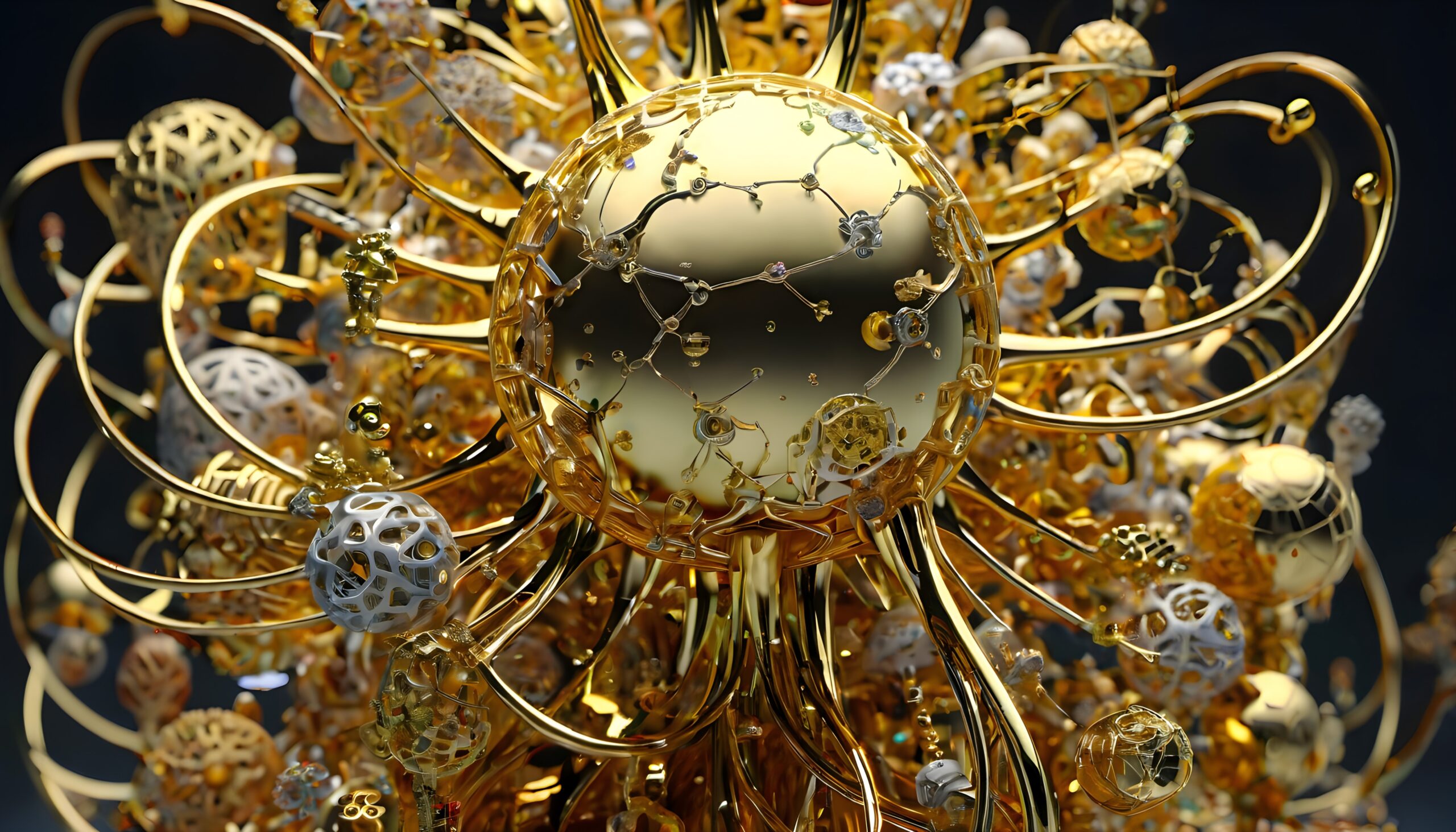 Intricate golden sphere with organic designs and complex geometry.