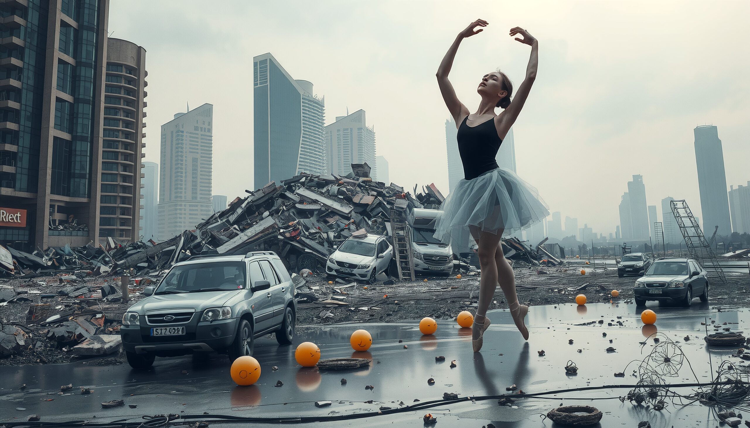 A ballerina performs gracefully amidst urban ruins.