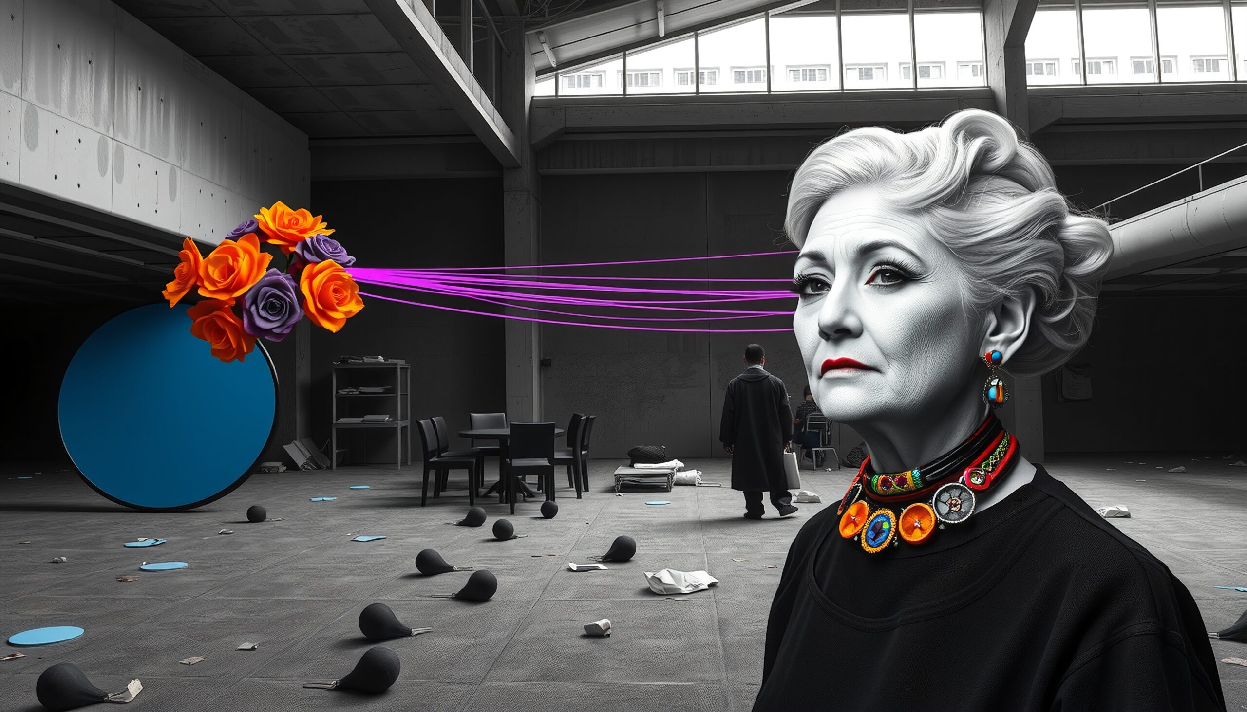 A woman with colorful accessories stands in a stark industrial setting while vibrant flowers and lines create a surreal atmosphere.