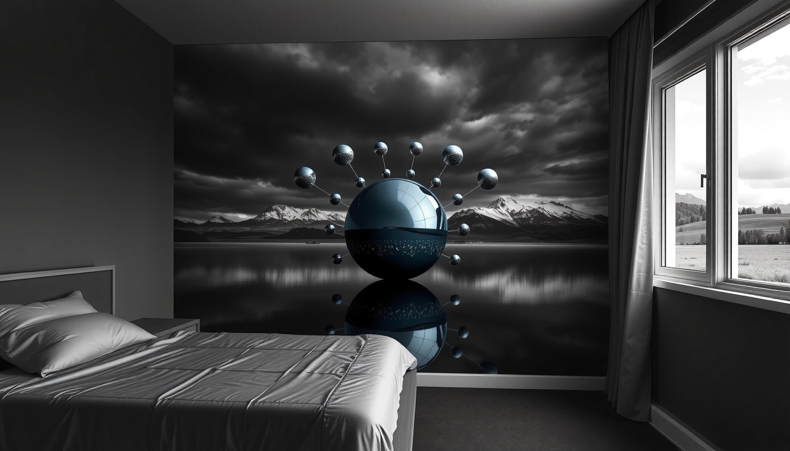 A bedroom with a mesmerizing mural featuring a cosmic sphere and mountain landscape.
