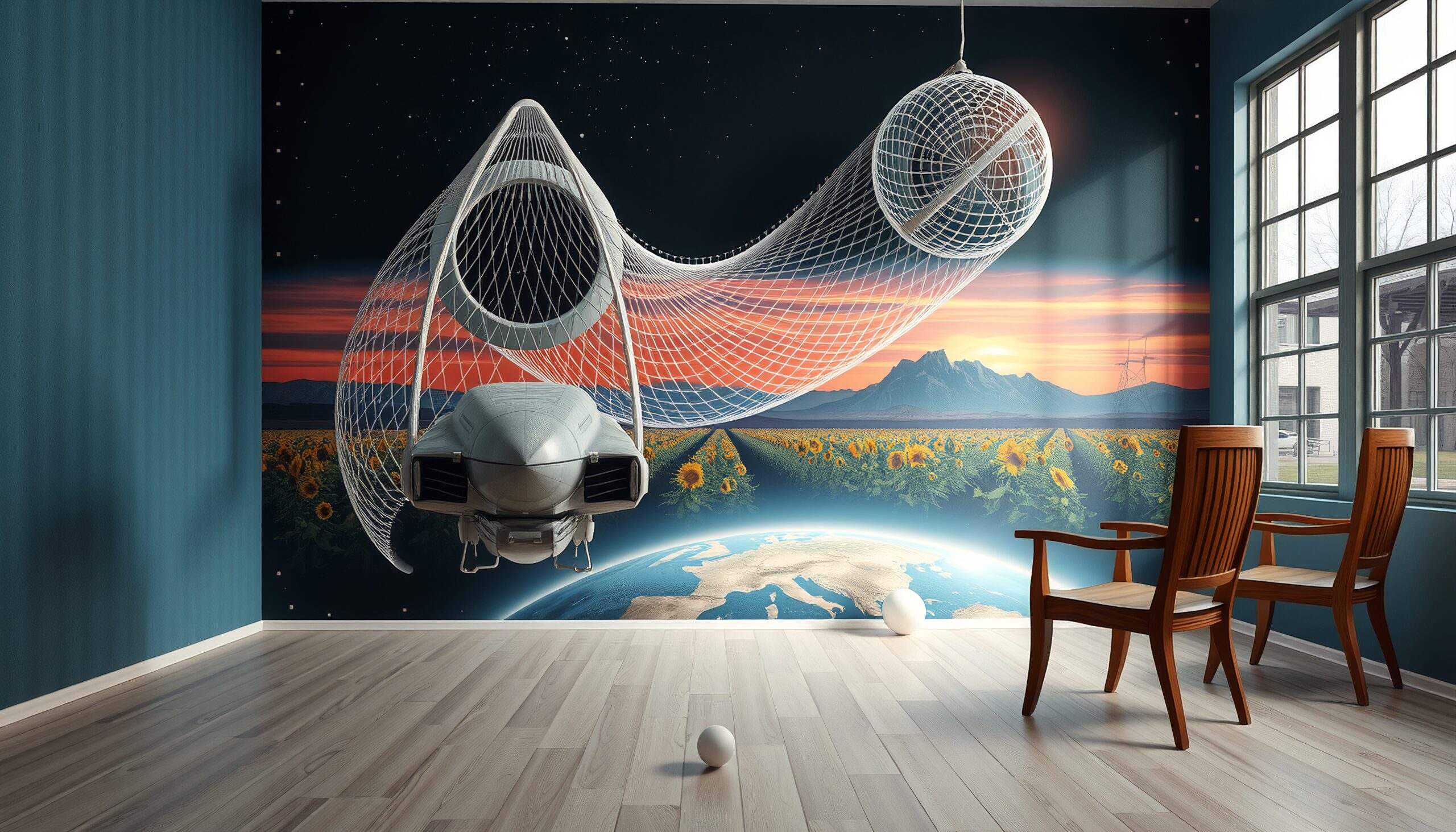 Futuristic mural with sci-fi elements in serene room.