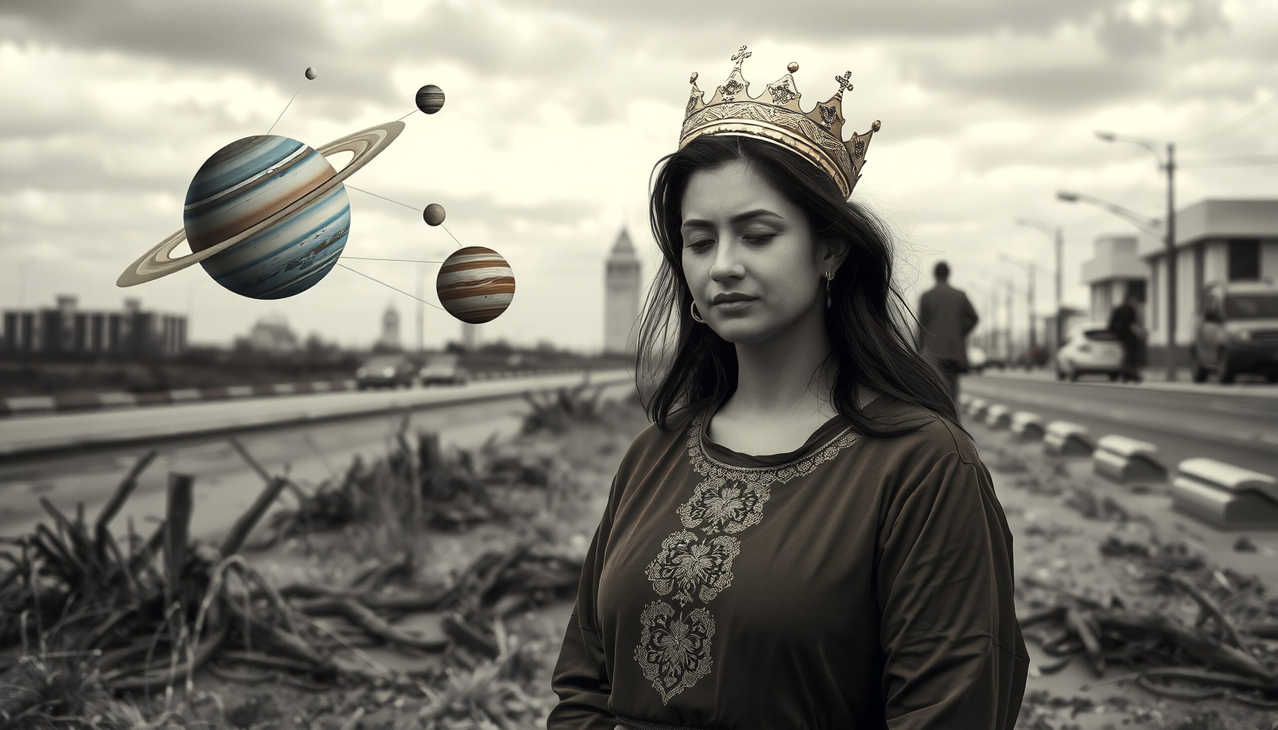 A woman wearing a crown stands by a road with floating planets, merging reality and fantasy.