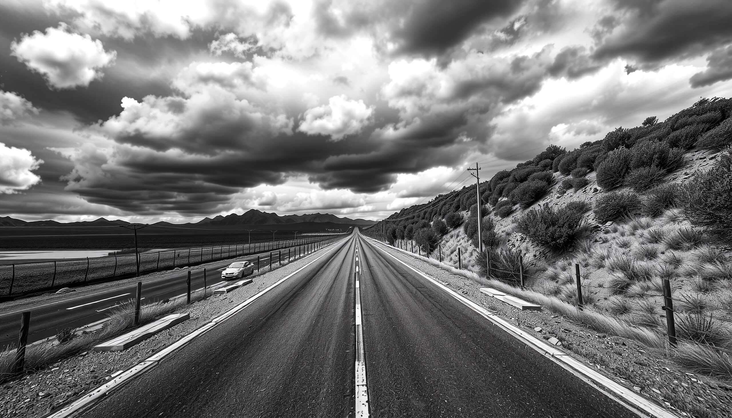 A dramatic black and white photograph of an endless road under a cloudy sky.