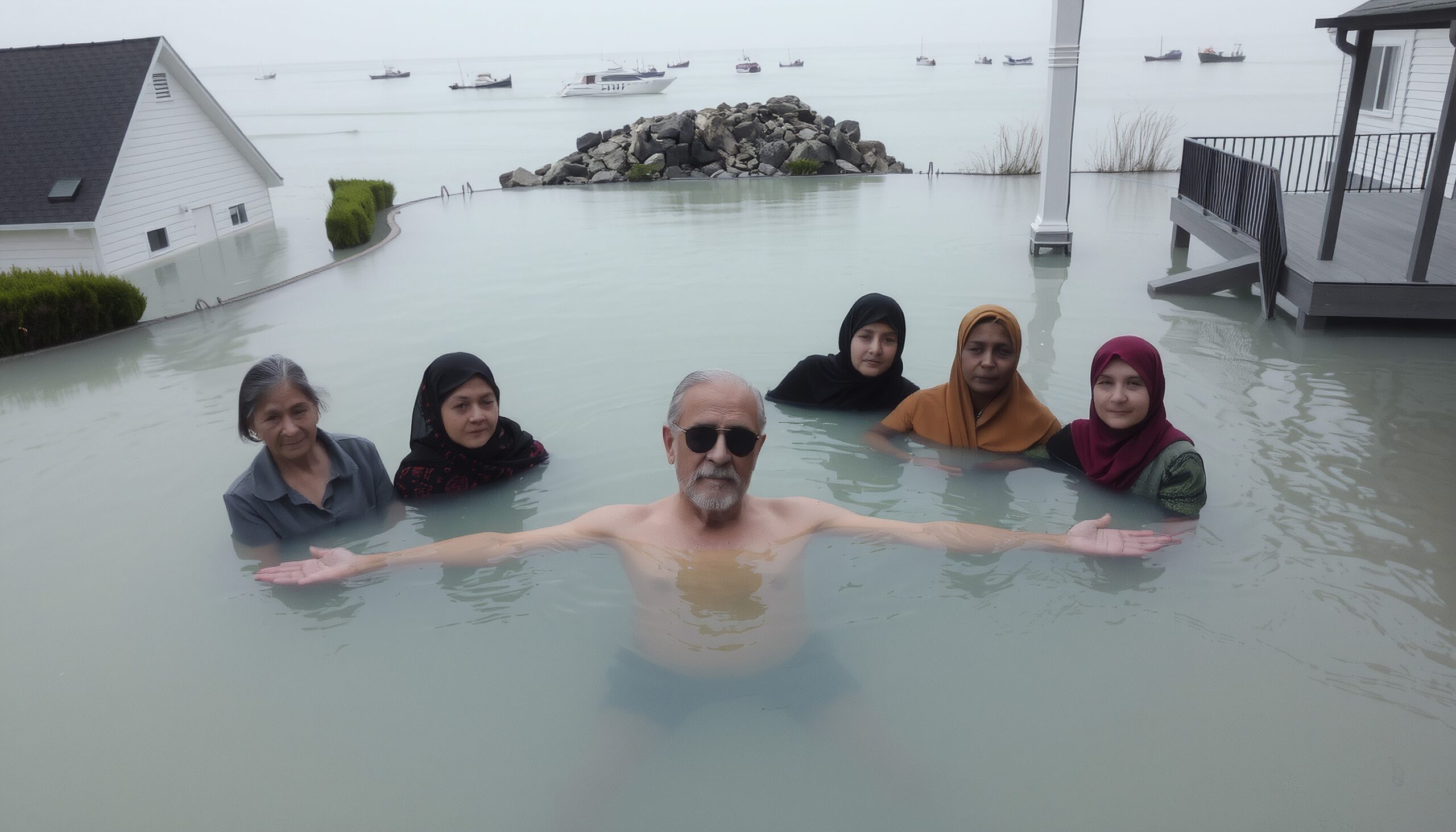 A family standing together in floodwaters with a partially submerged house and boats in the background.