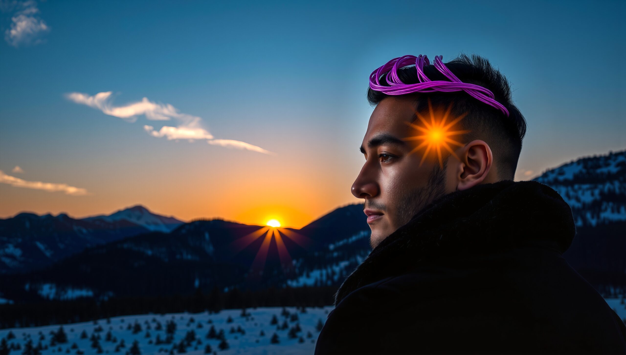 A man with digital headpiece gazes at sunset over snowy mountains.