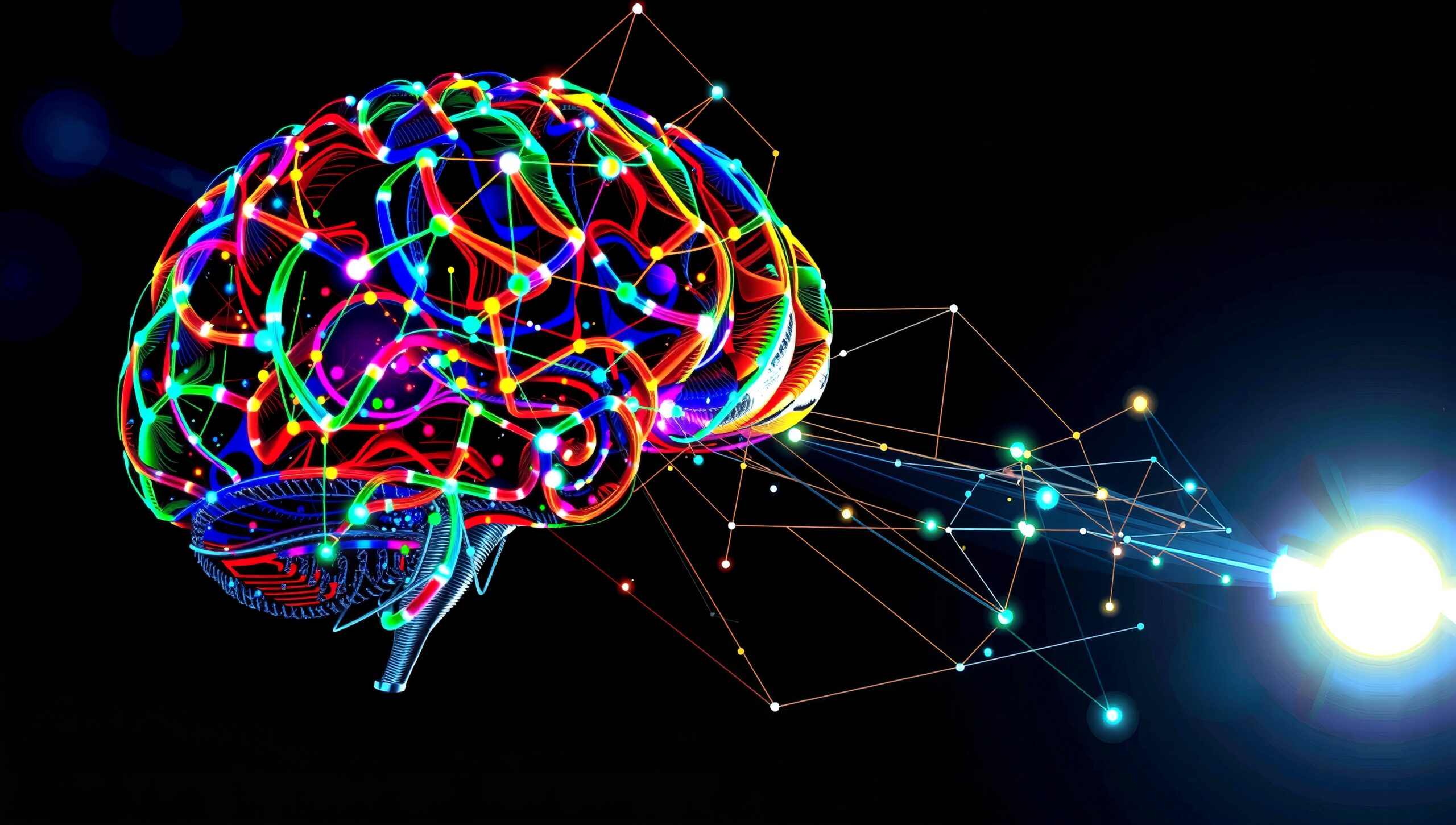 Colorful abstract brain with glowing neural pathways and bright light source.