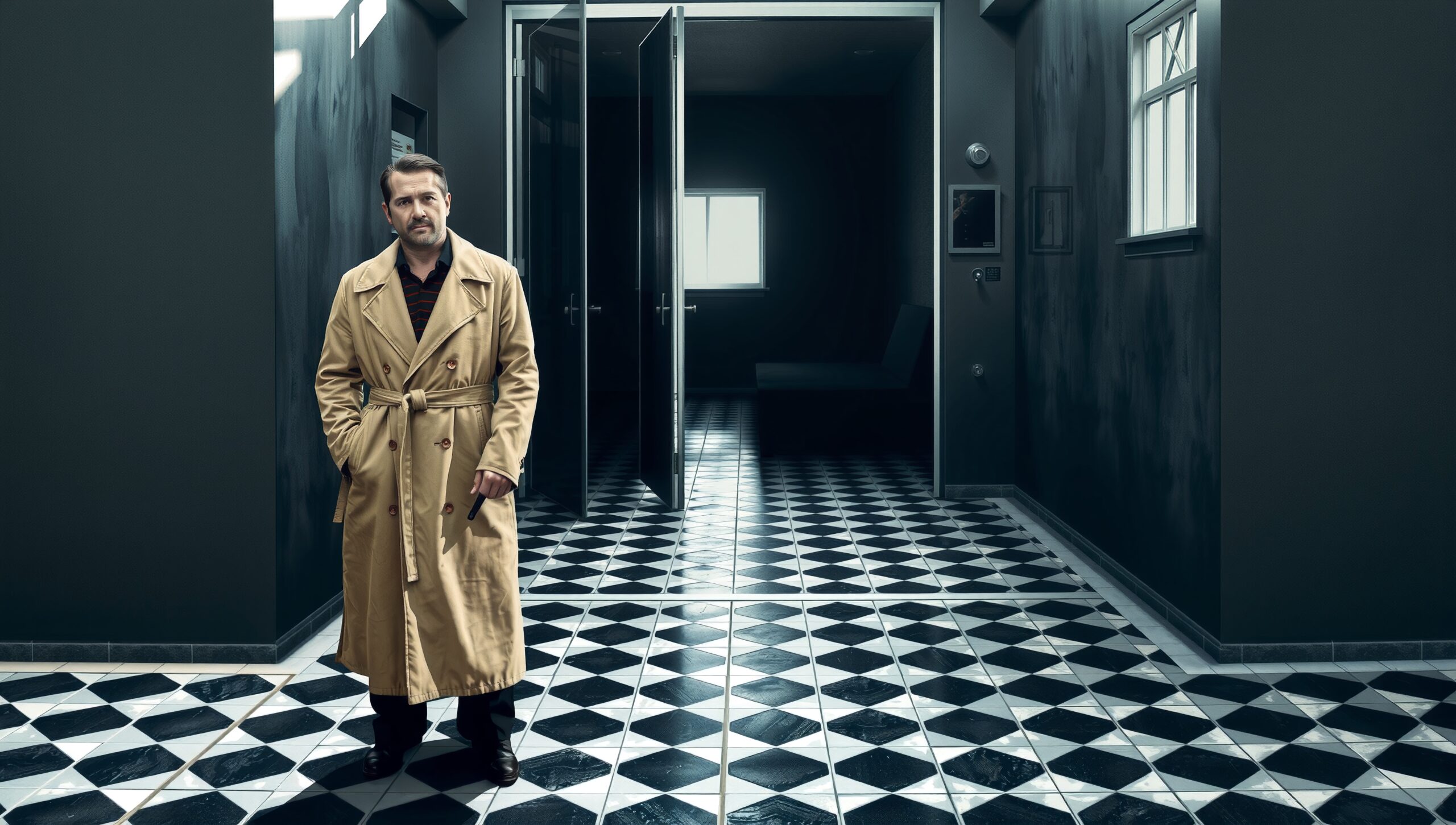 A man in a trench coat stands in a dim hallway with diamond-patterned flooring and partially open doors.