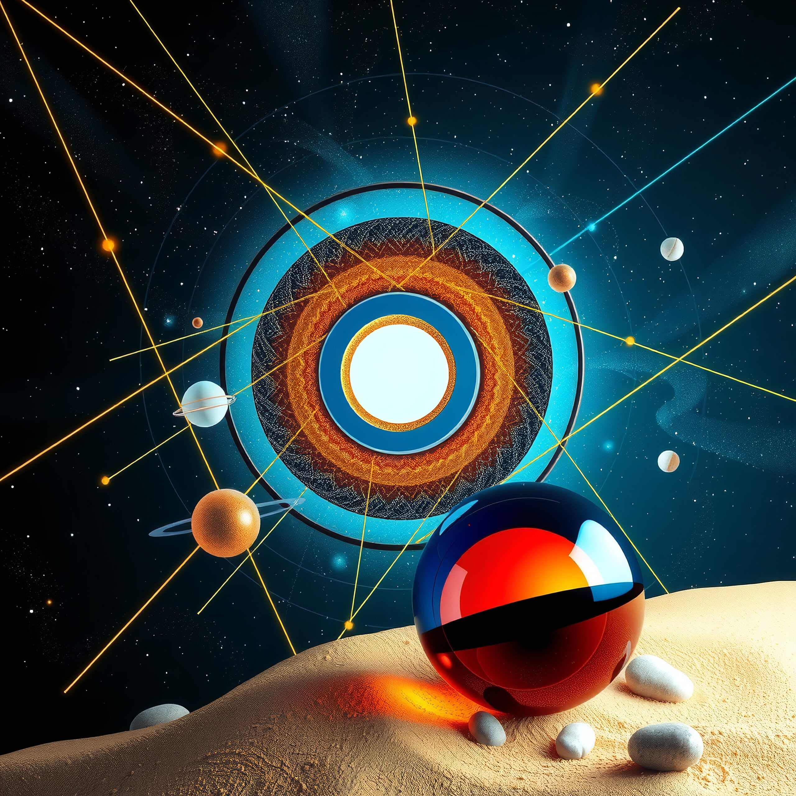 Abstract cosmic scene with colorful planetary shapes, radiant center, and reflective sphere on sand, blending celestial and surreal elements.