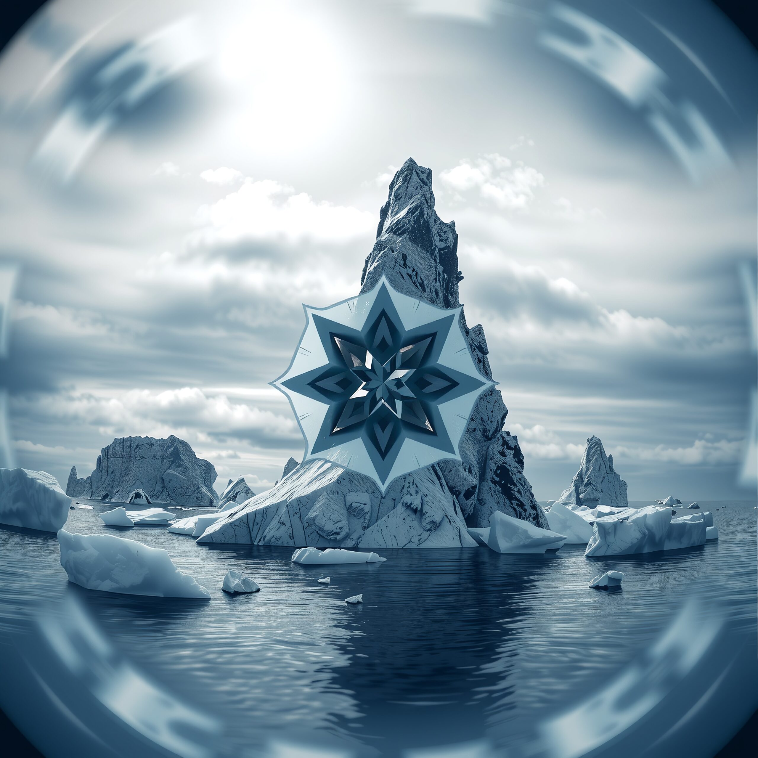 Majestic icebergs with abstract star overlay.