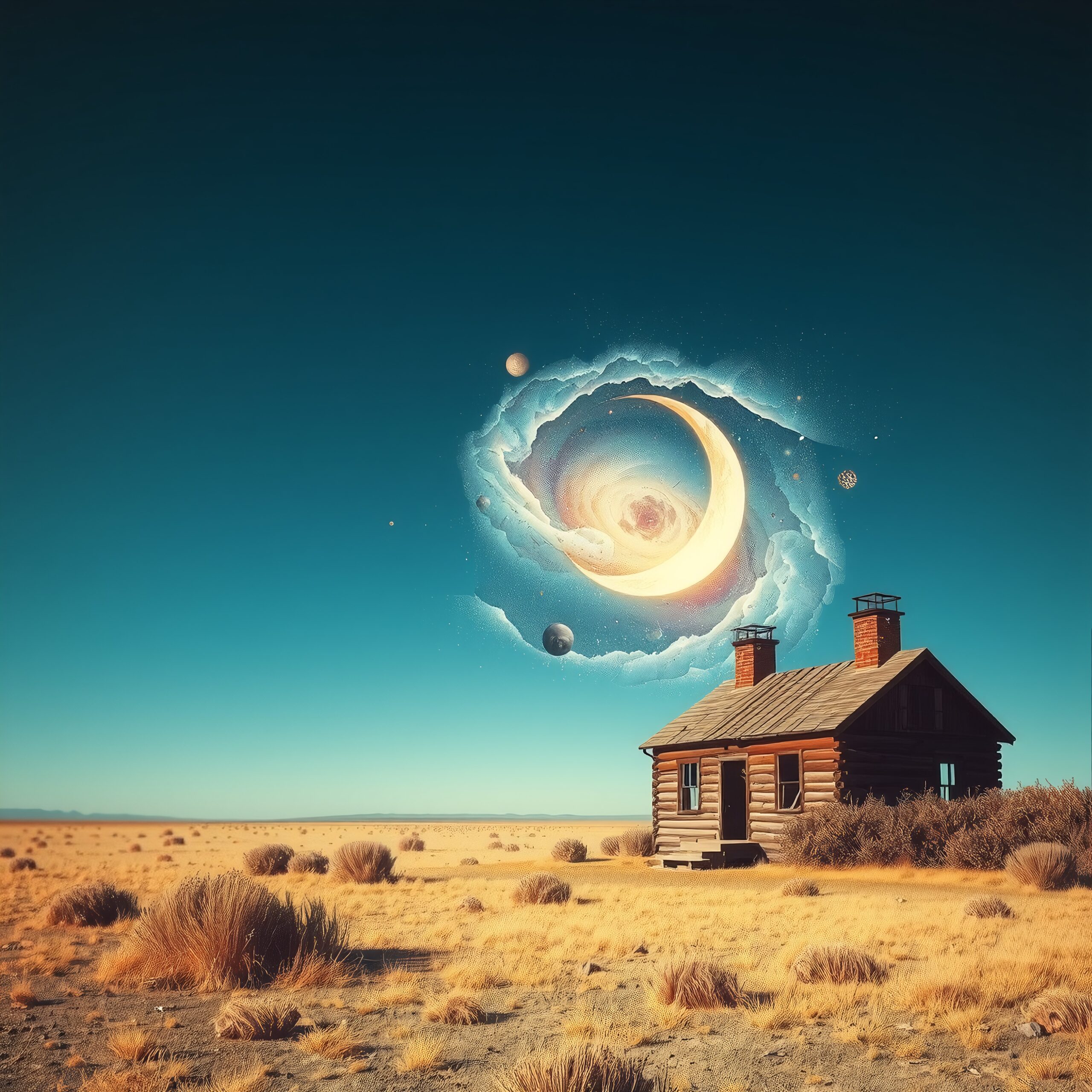 A swirling cosmic phenomenon above a solitary wooden house in a desert landscape.