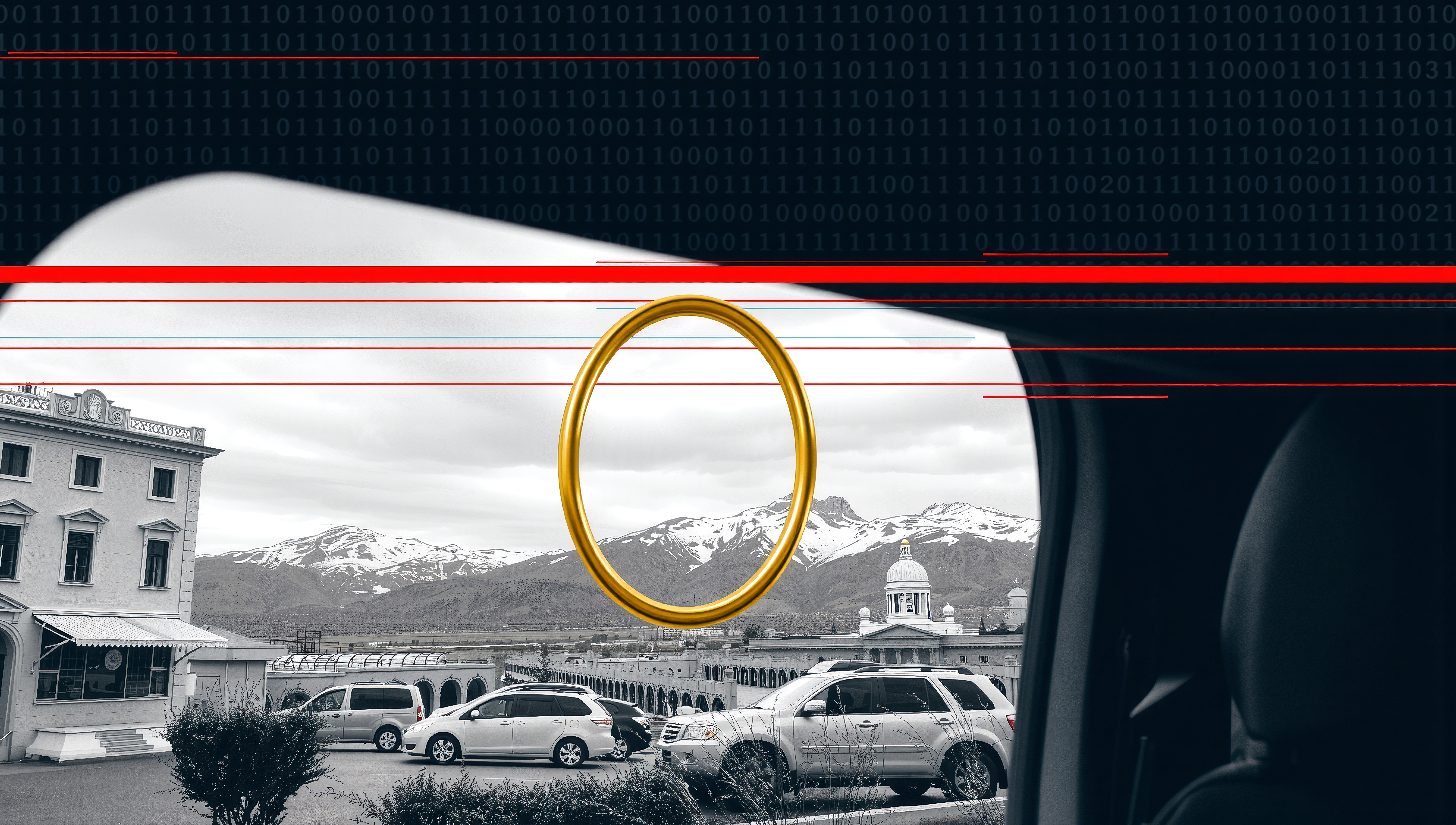 A surreal blend of digital elements with a mountainous landscape viewed from a car window.