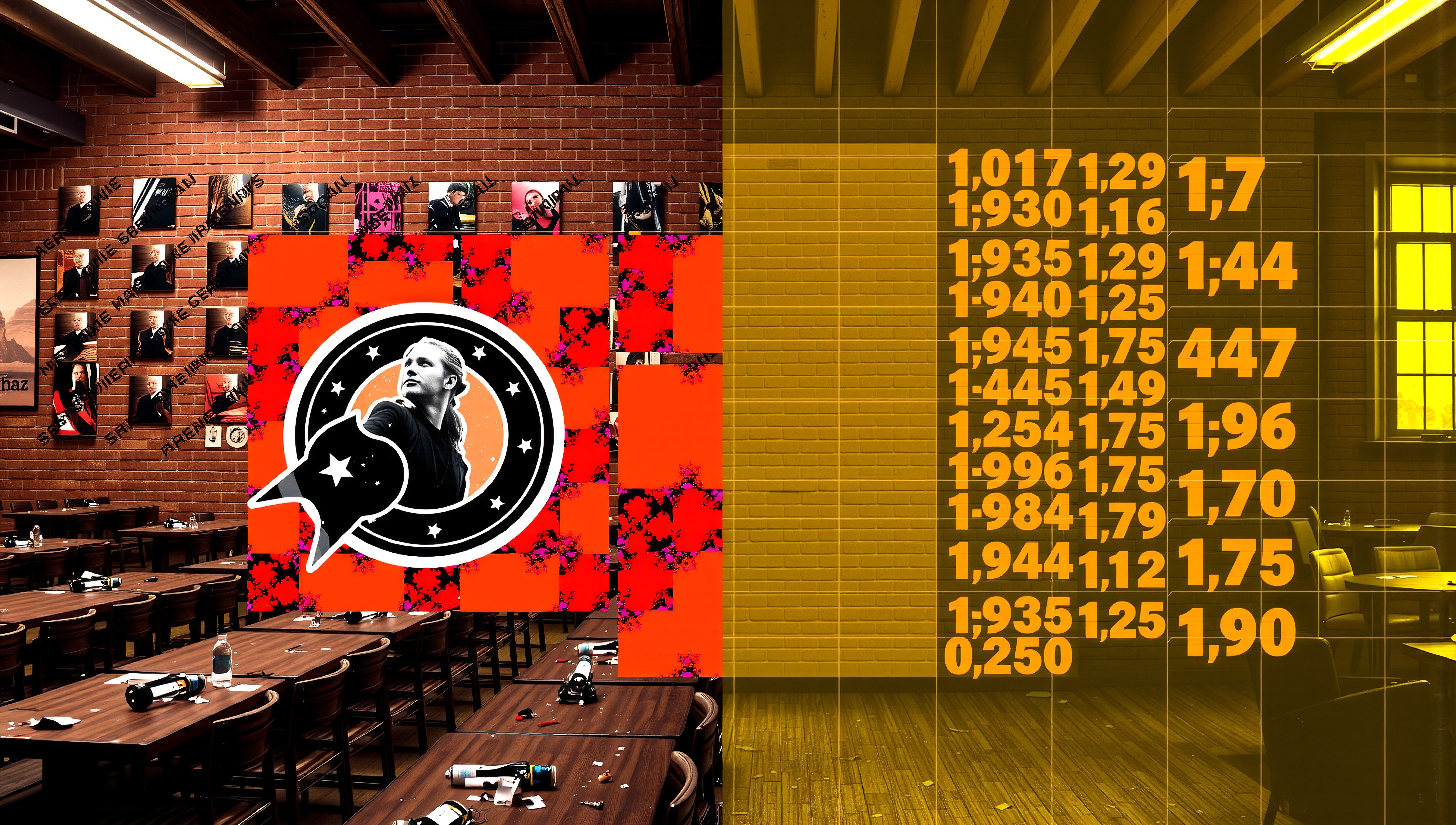 A vibrant room with portraits, numbers, and a central graphic on a brick wall.