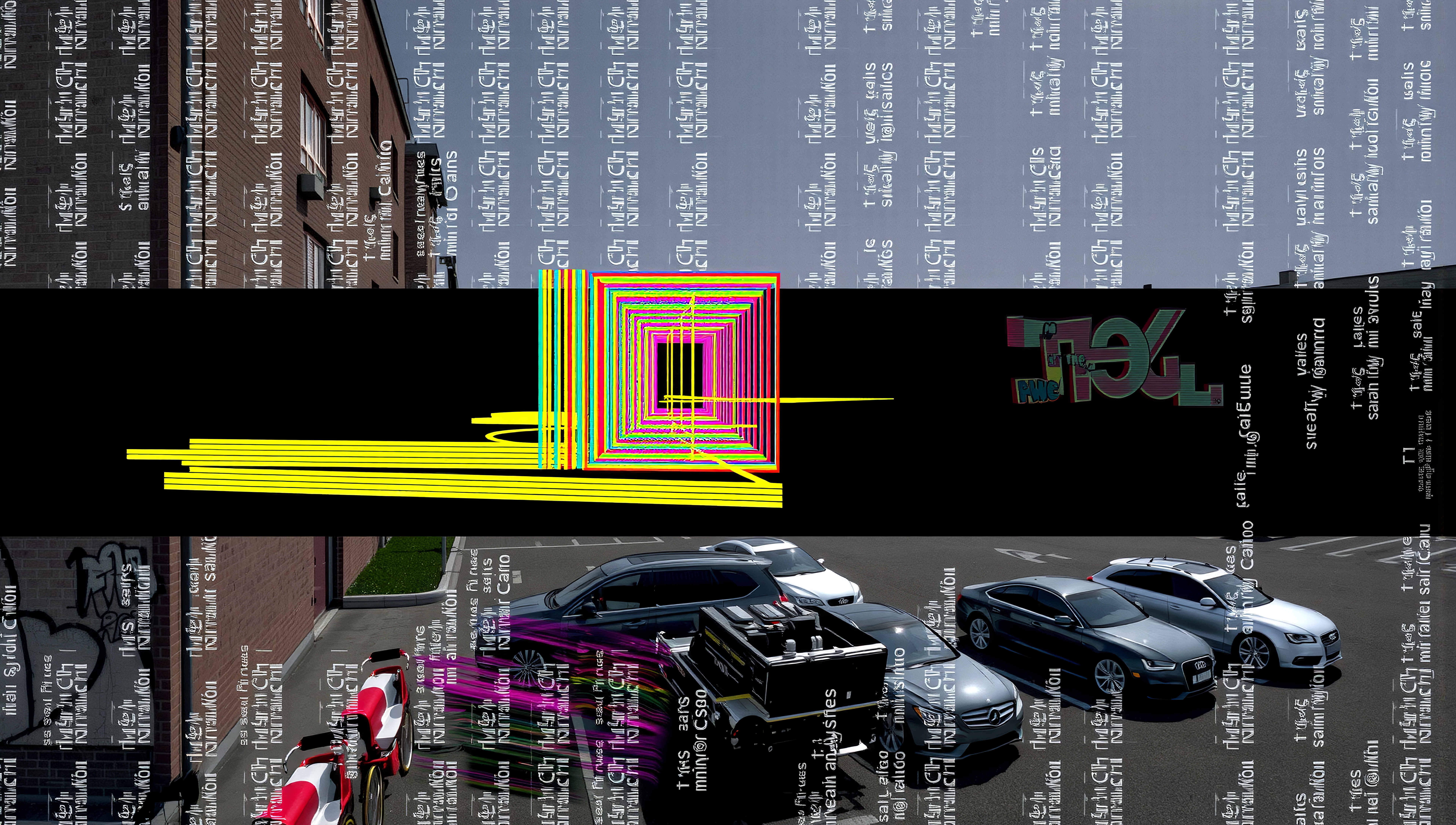 A digitally distorted urban scene with cars and colorful geometric art.
