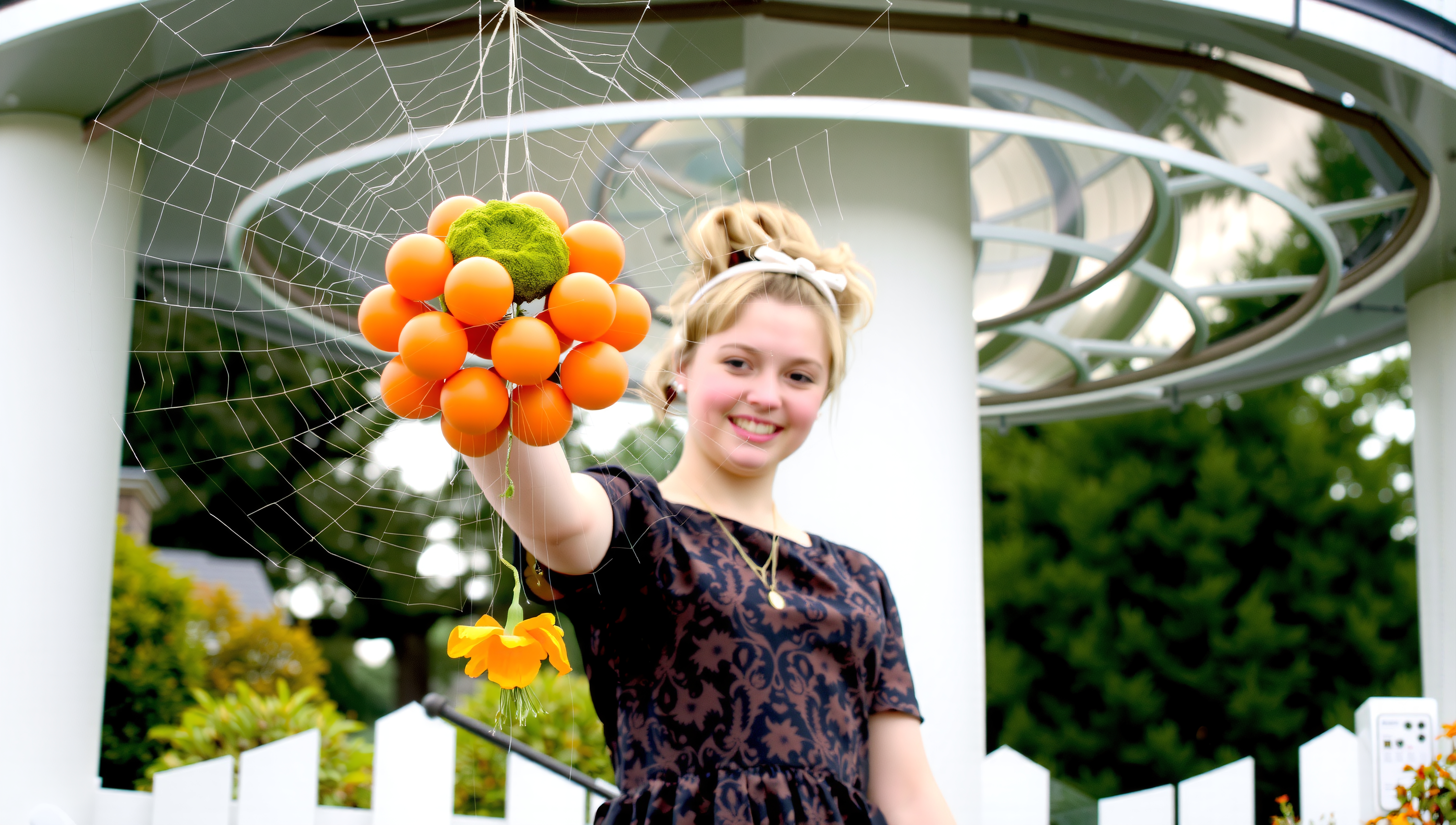 Woman smiling in garden holding an artful arrangement of orange balls and moss suspended on a spider web.