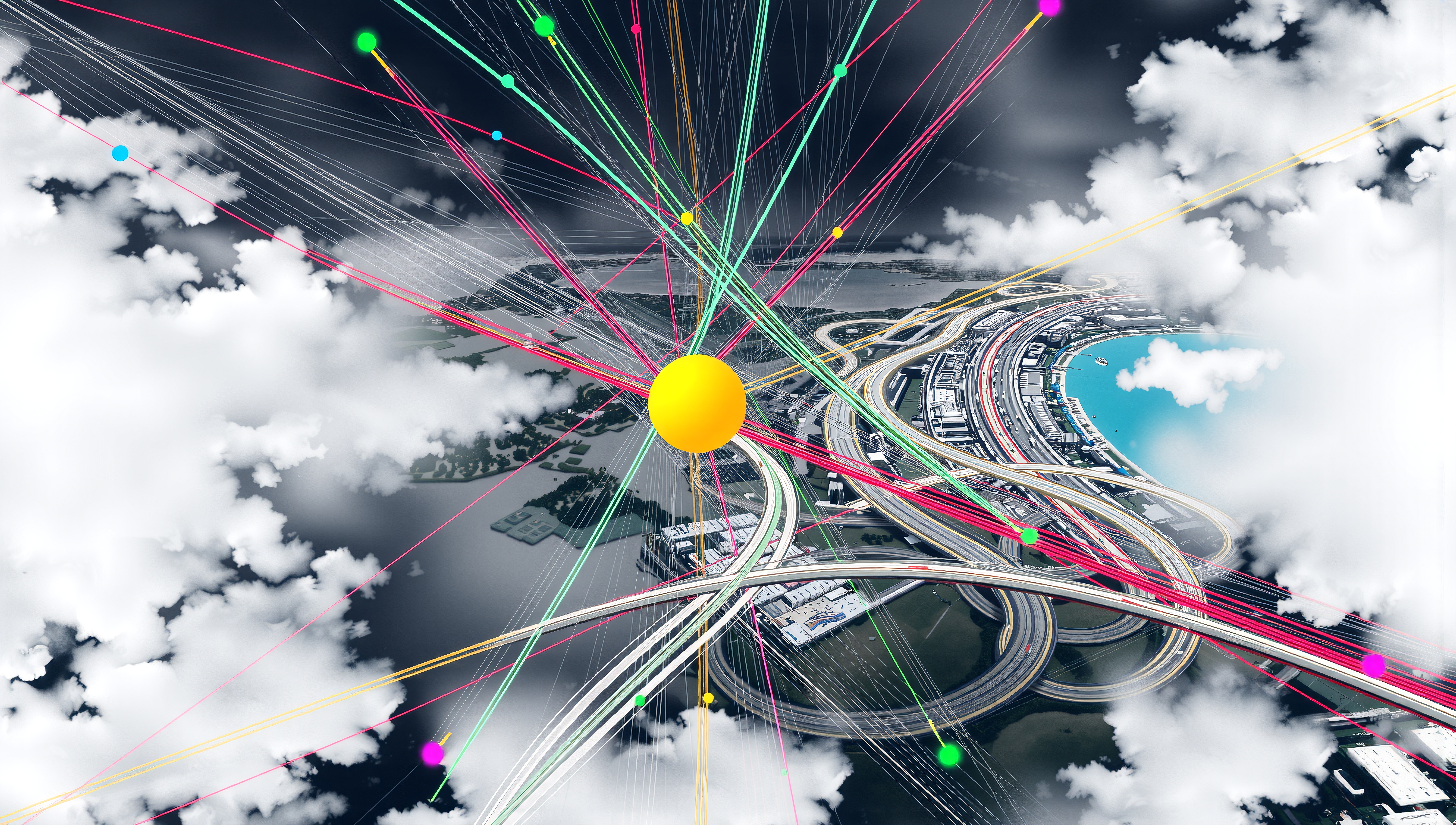 An abstract depiction of interconnected highways beneath colorful, intersecting lines and cloud-covered skies.