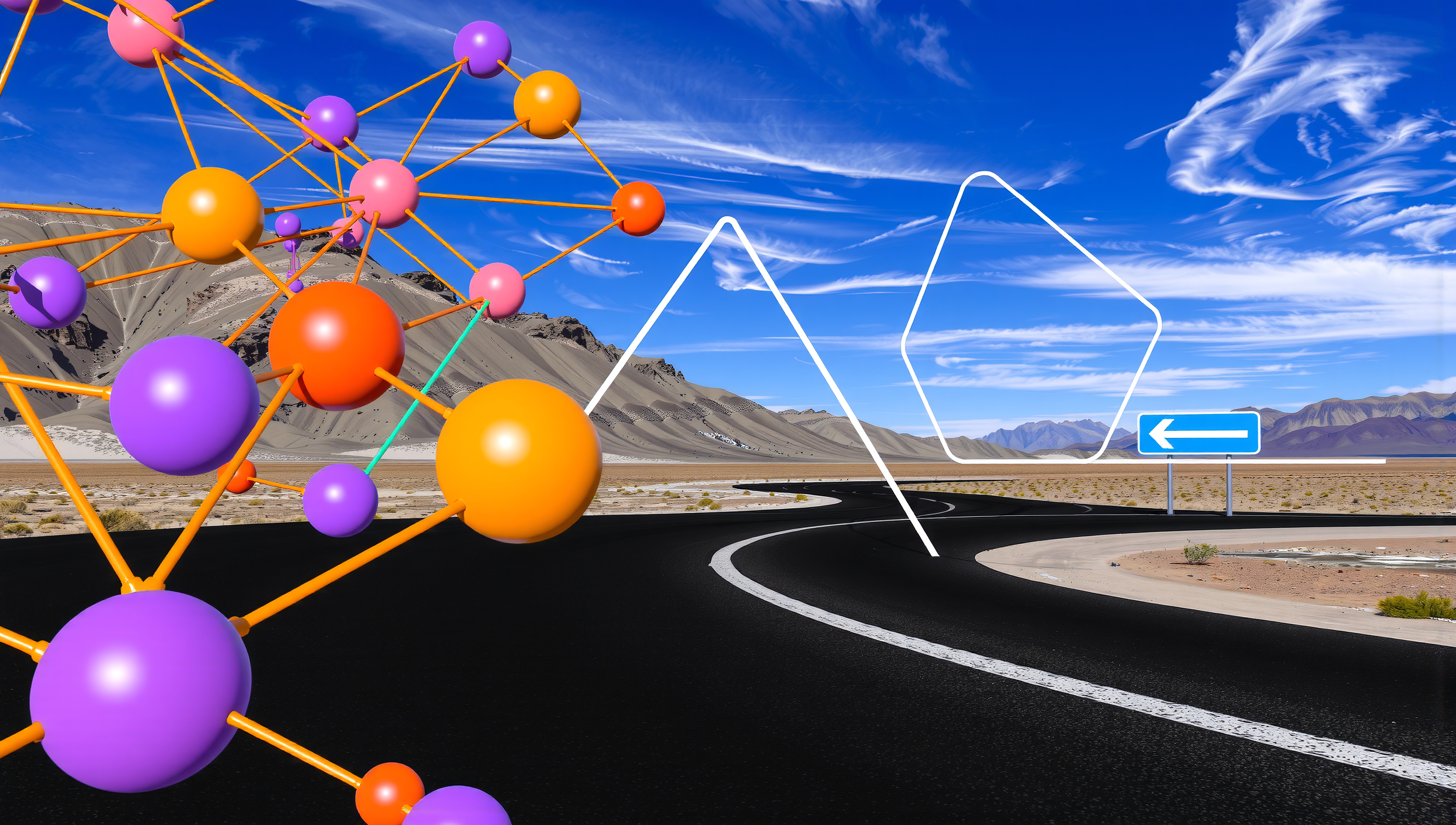 Vibrant abstract network in desert landscape beneath blue sky.