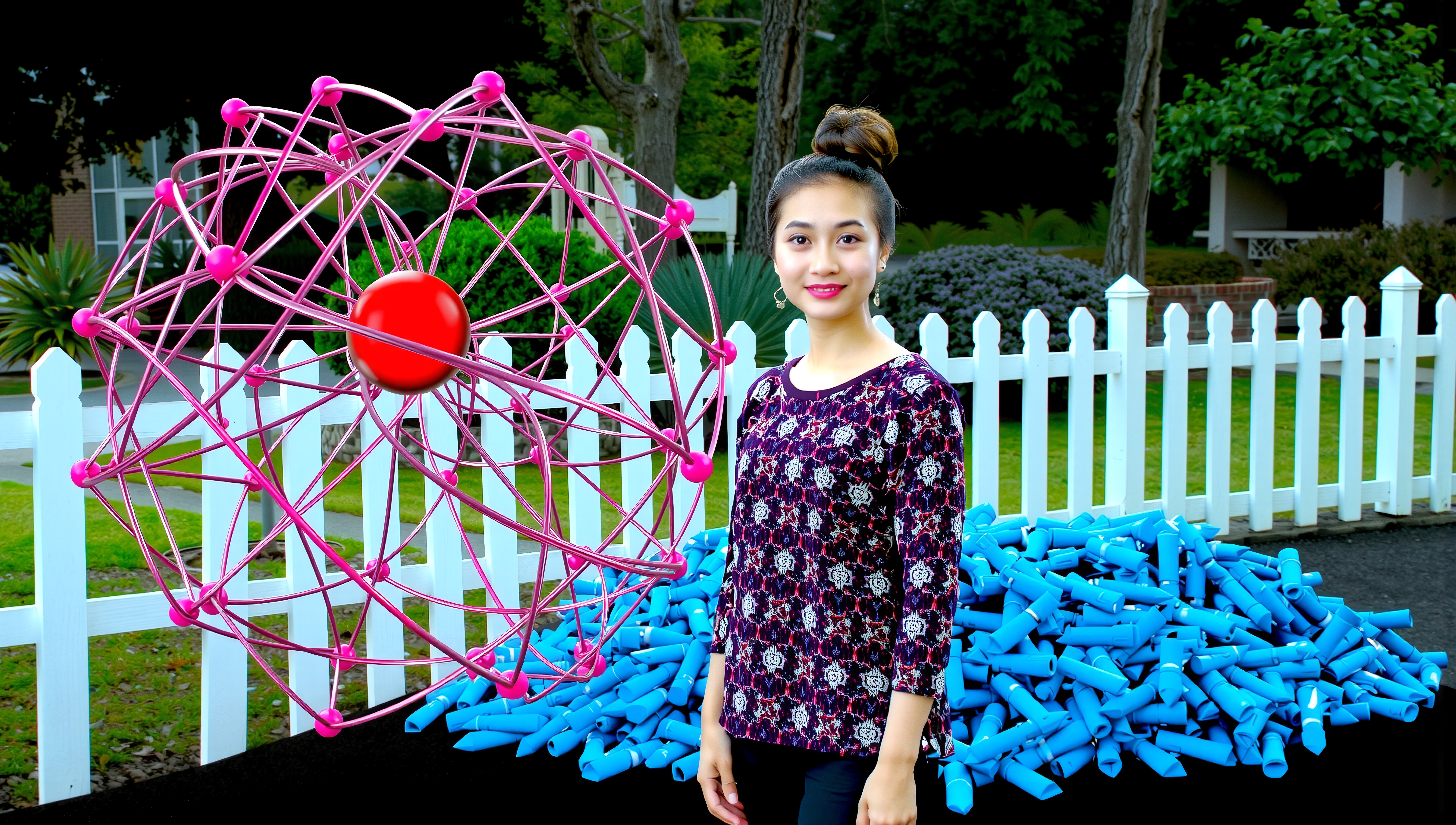Young woman in patterned shirt stands outdoors with pink geometric sculpture and green garden.