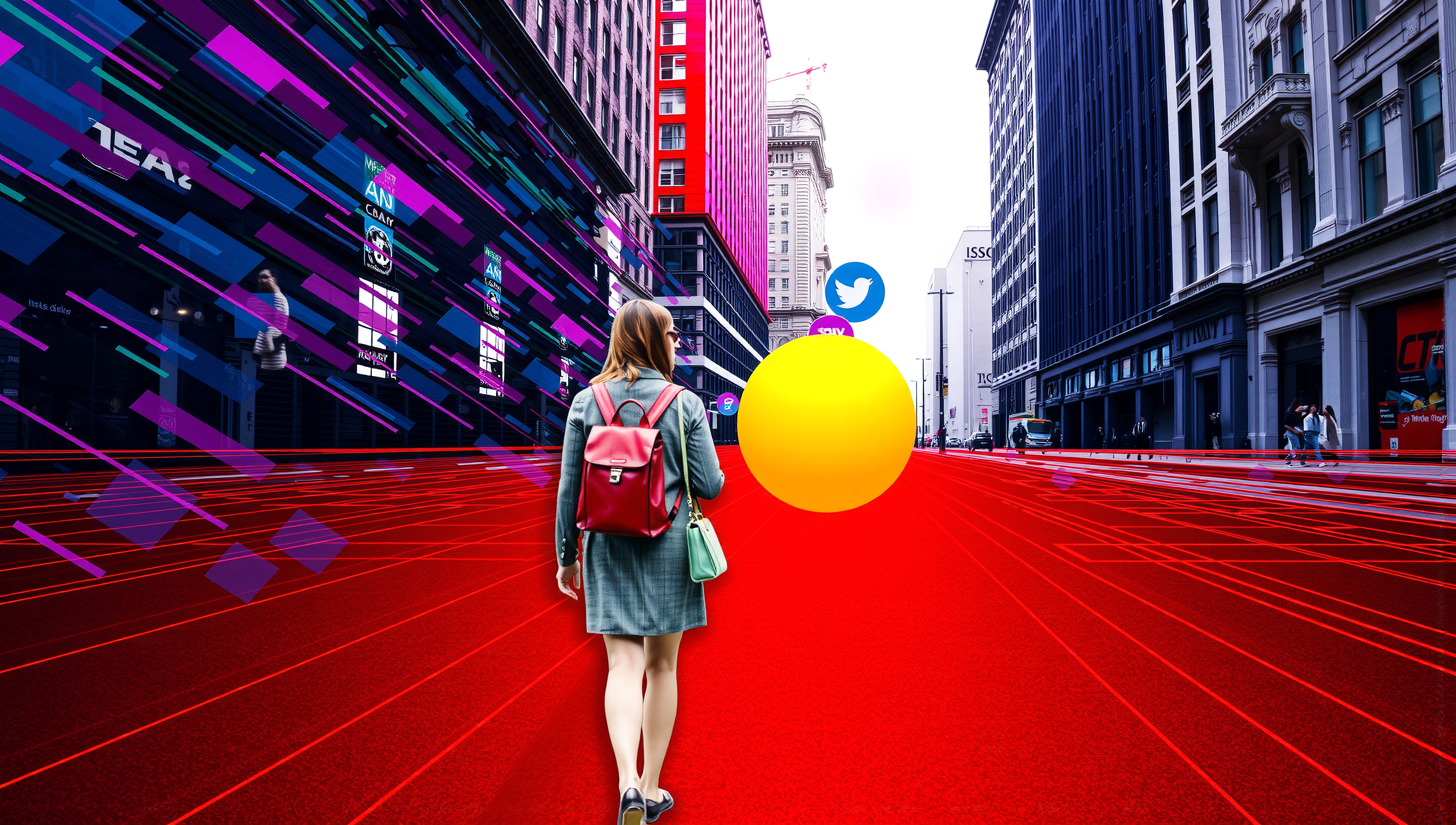 A young woman explores a futuristic digital cityscape lined with vibrant red and digital patterns.