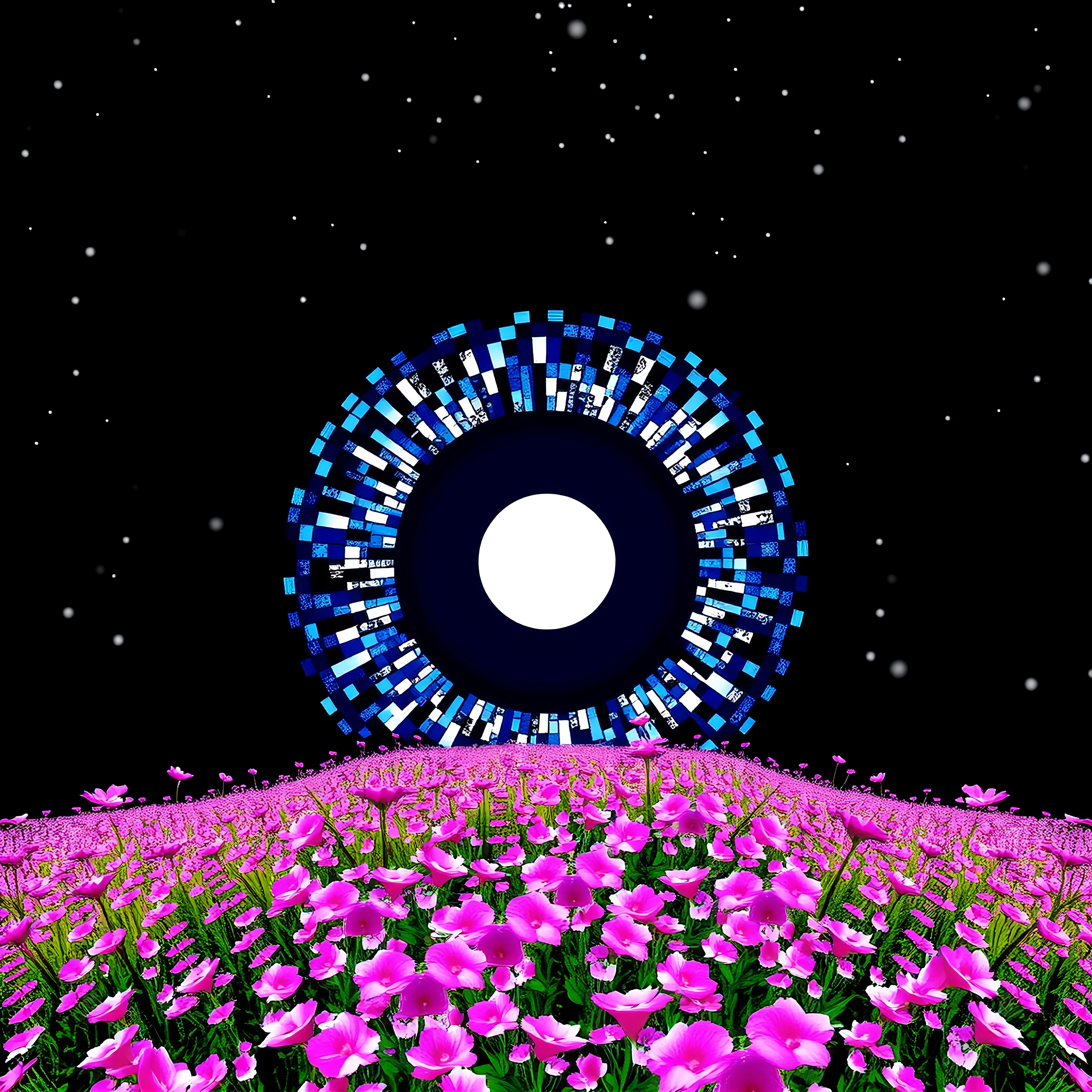 A pink flower field beneath a cosmic circular structure, starry night sky.