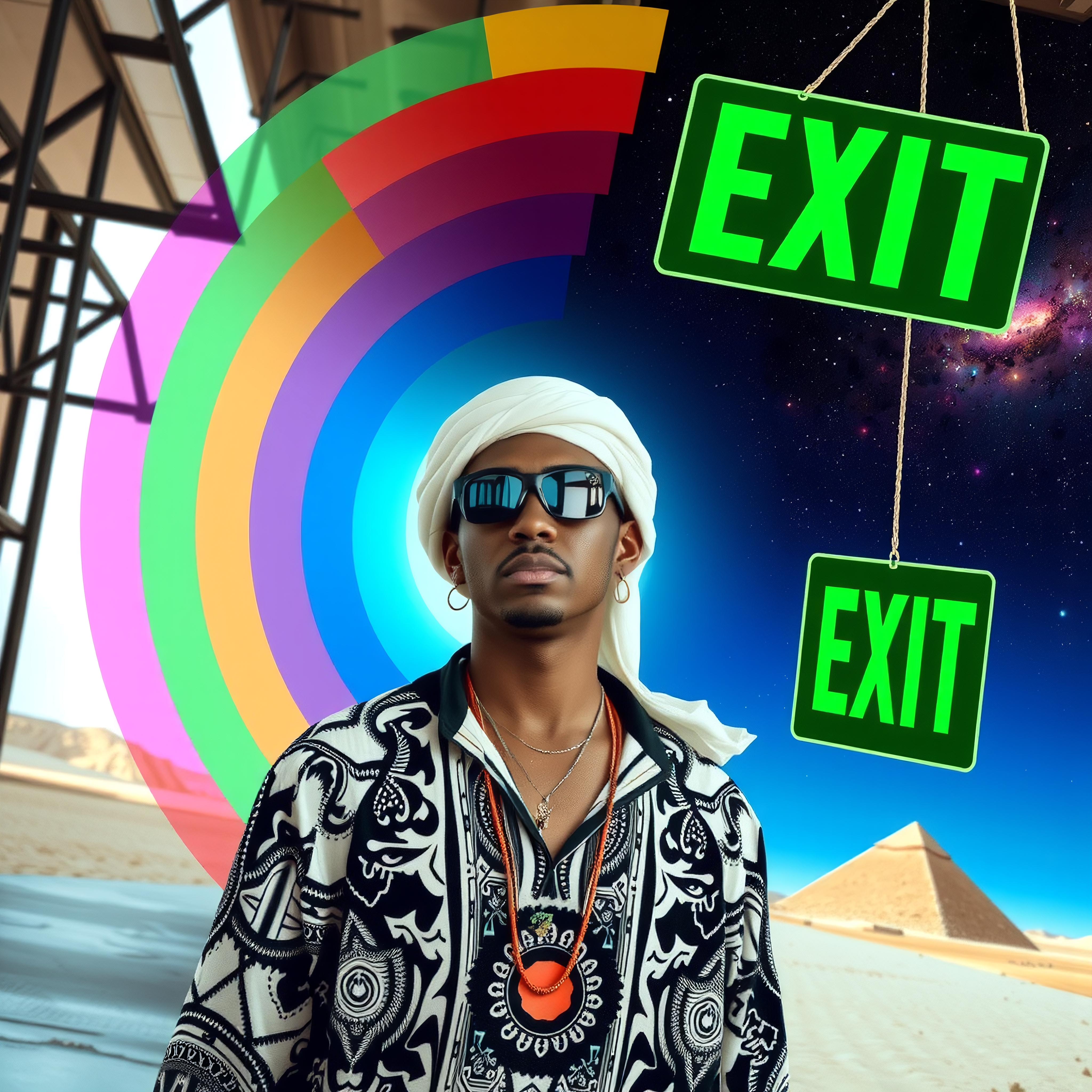 Man in turban with colorful surreal background featuring exit signs and a pyramid.