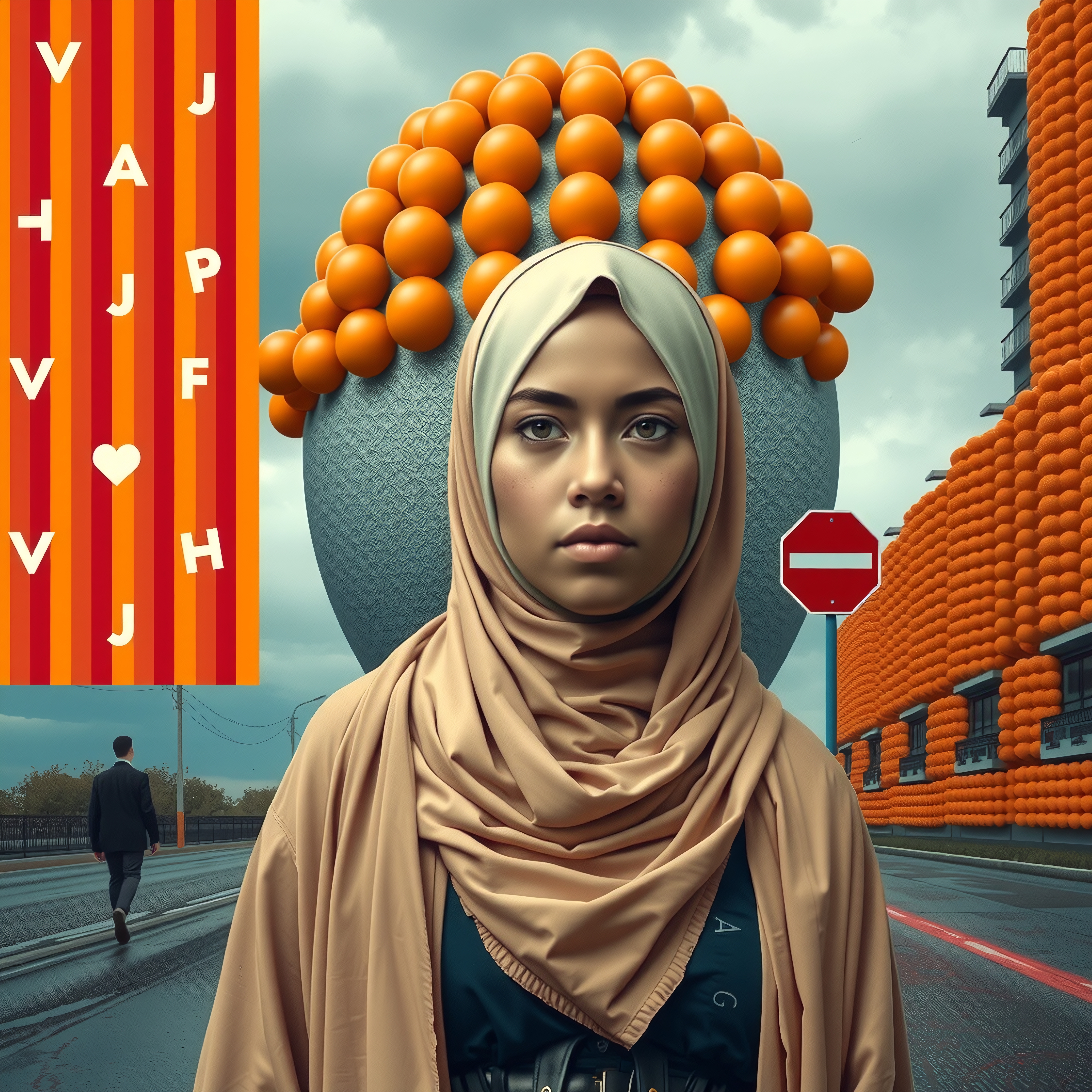 A young woman in a beige hijab stands in a surreal urban setting with vibrant orange spherical architecture and a moody sky.