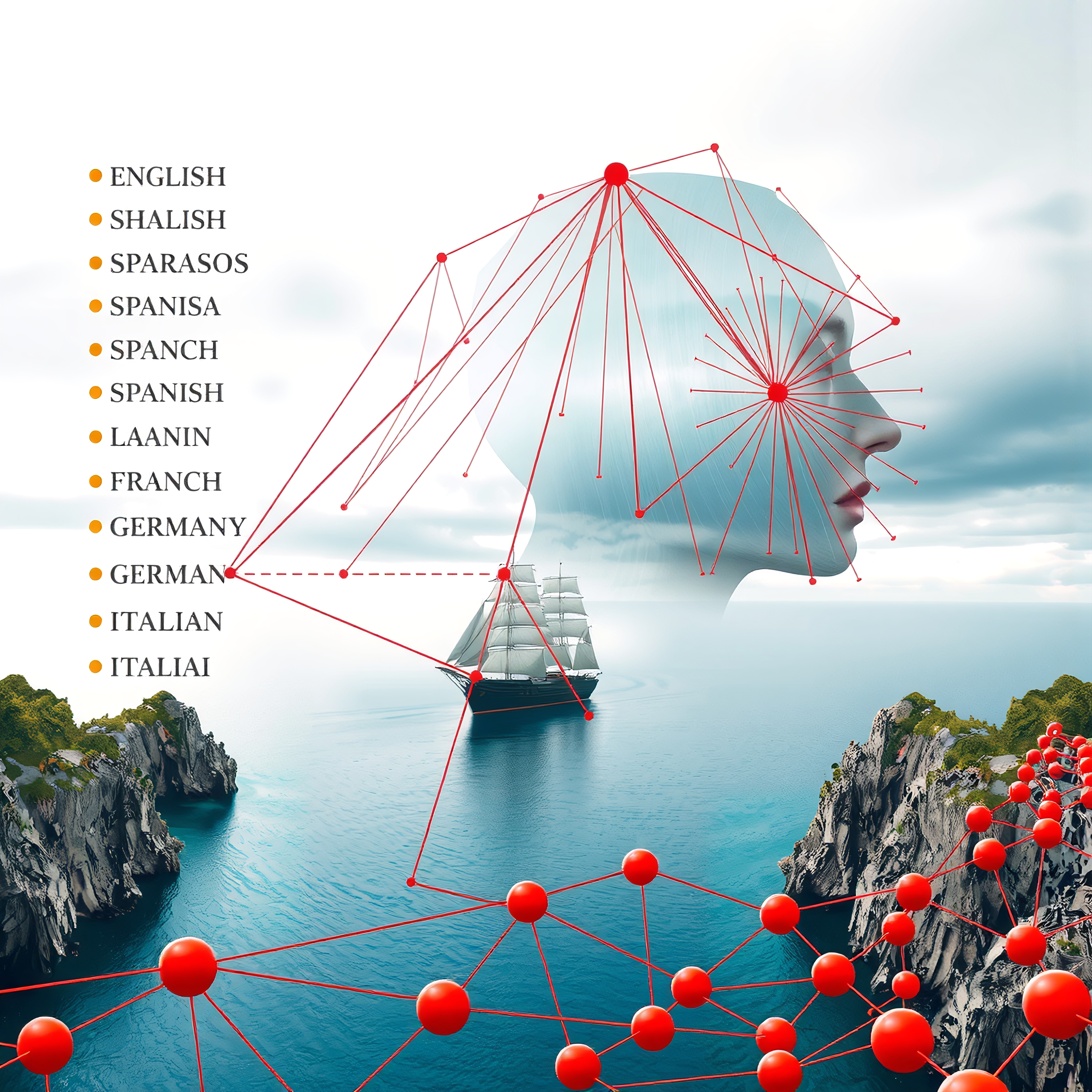 A conceptual seascape with interconnected languages and sailboat.