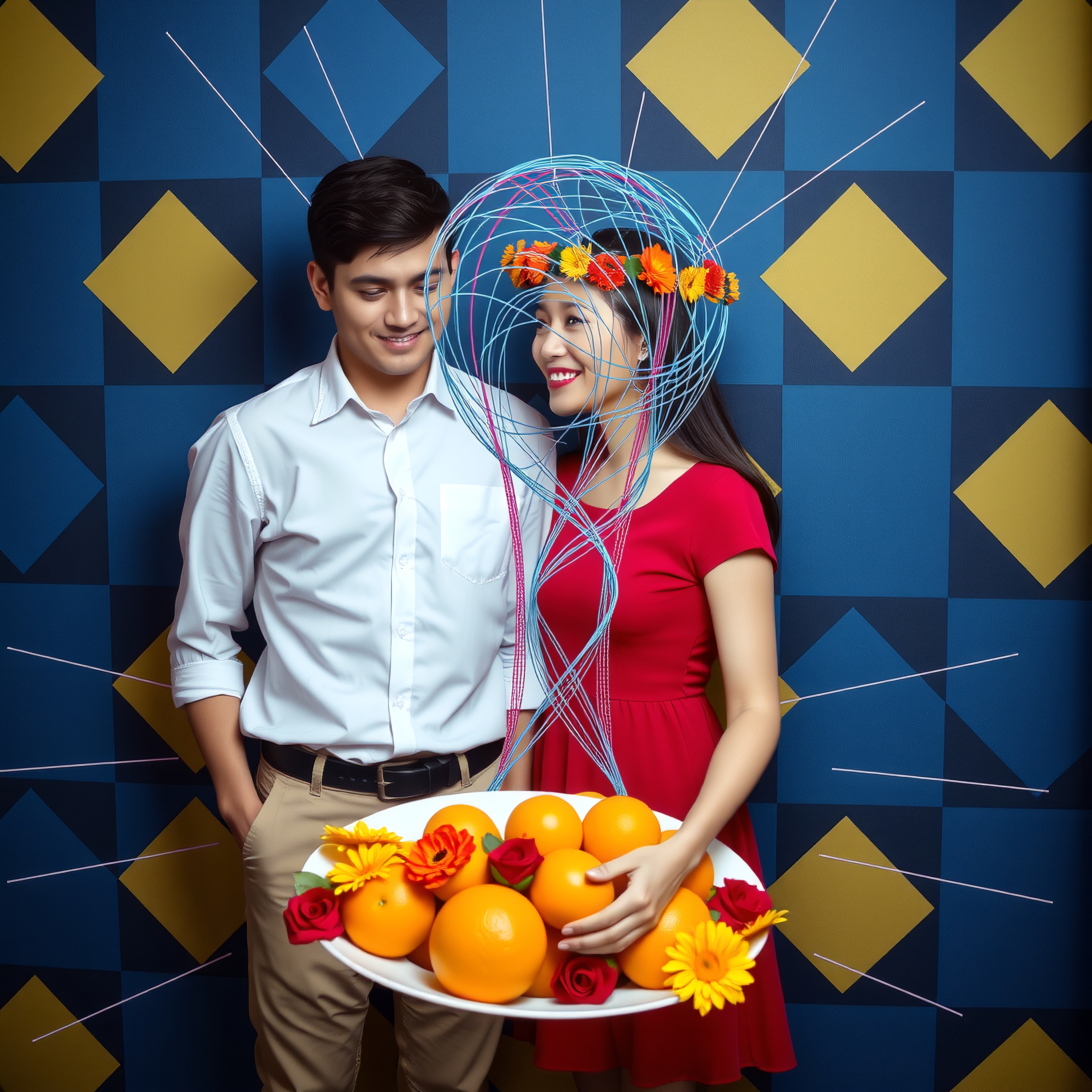 A joyful couple with colorful attire and creative headpiece against a geometric blue background.