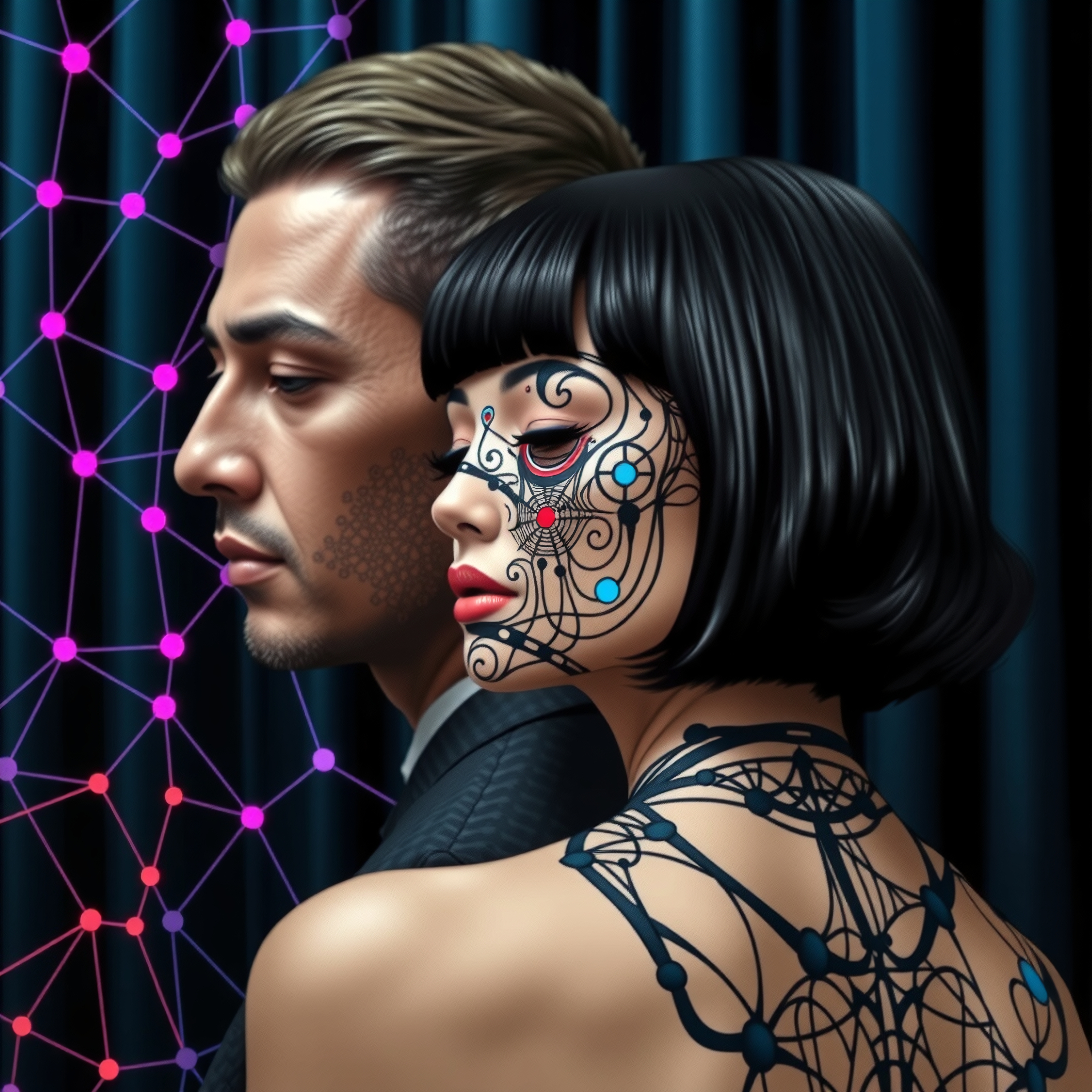Futuristic couple, digital face markings, network background.