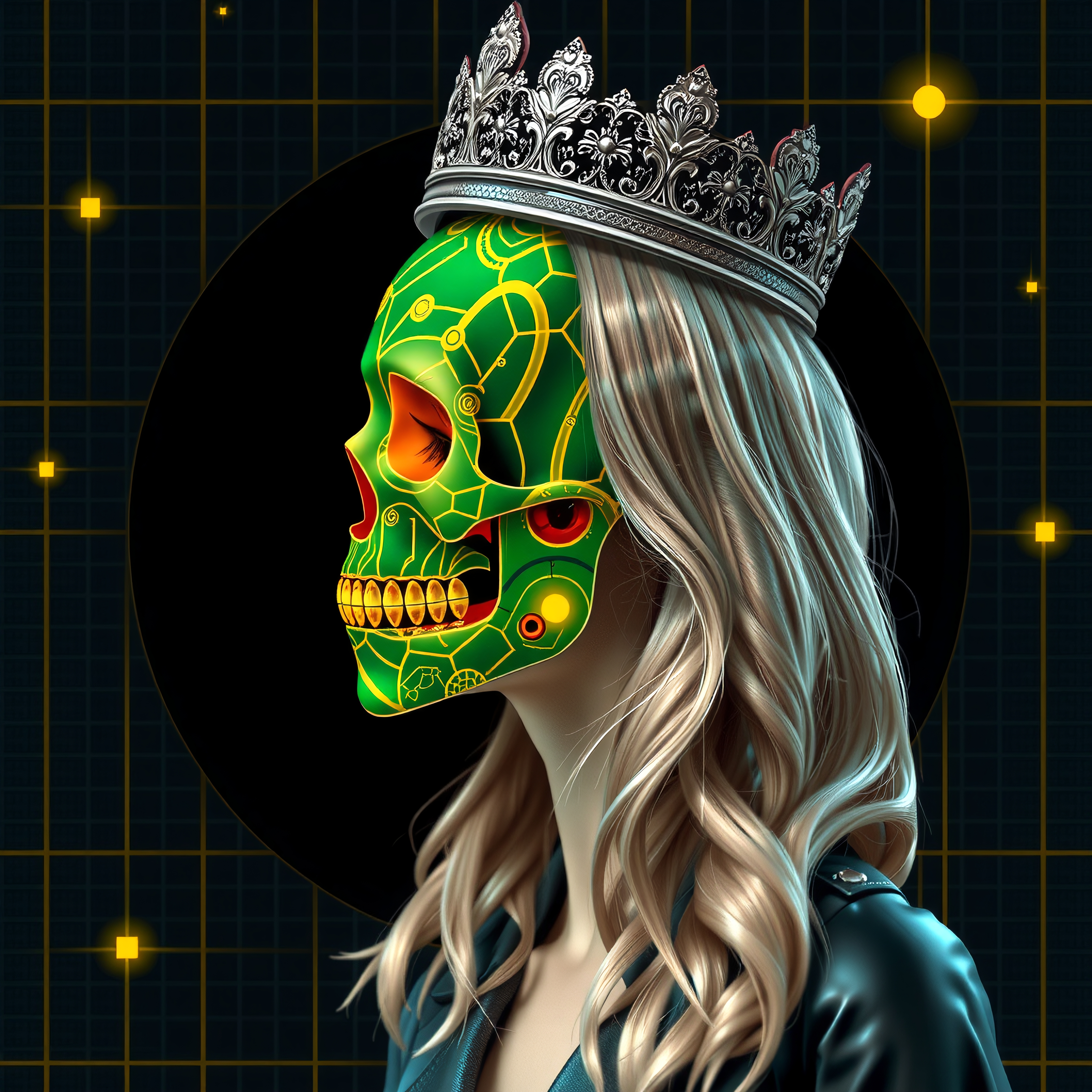 A woman in a neon skull mask and silver crown, set against a cyberpunk-themed background.