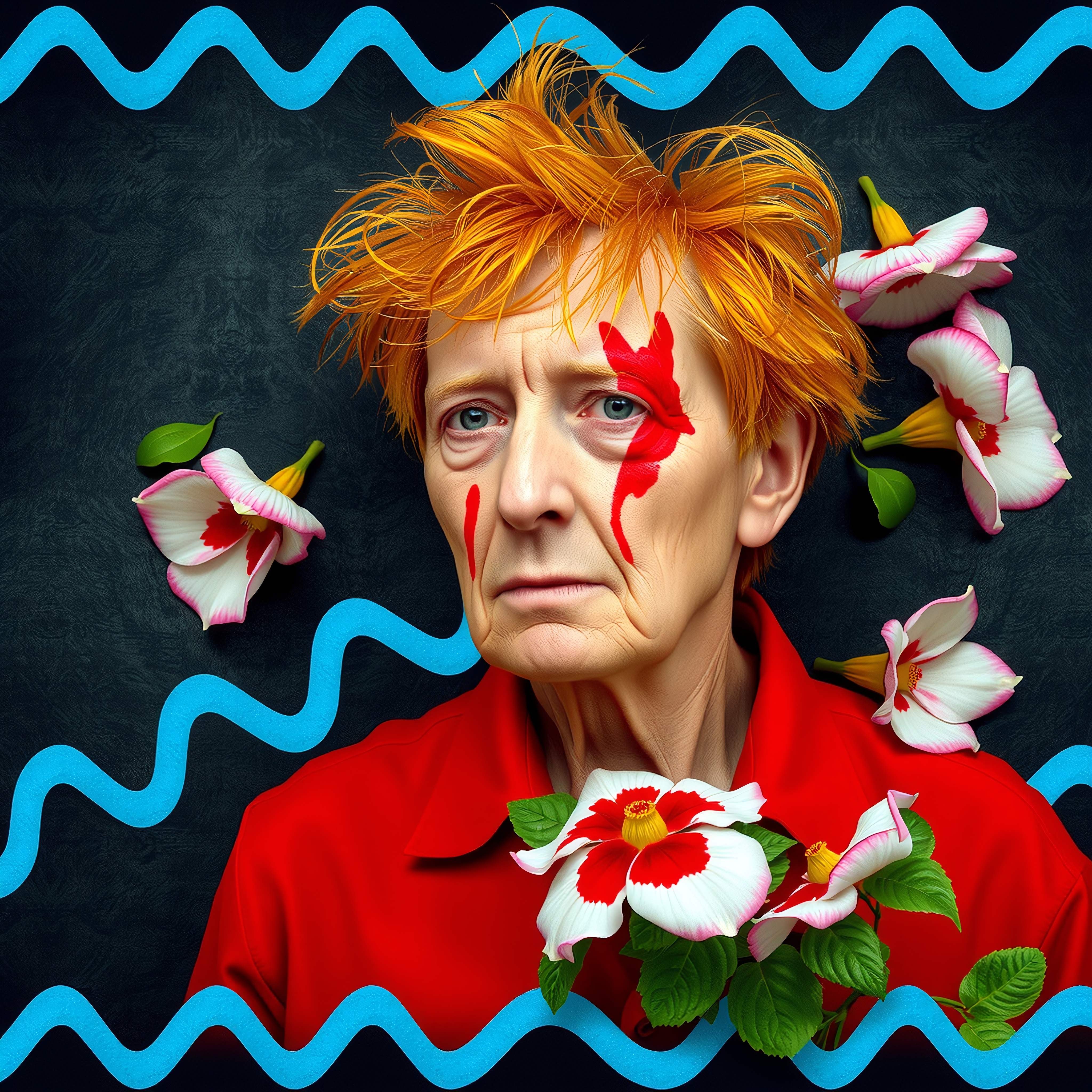 A vibrant portrait featuring bold visual elements and floral accents.