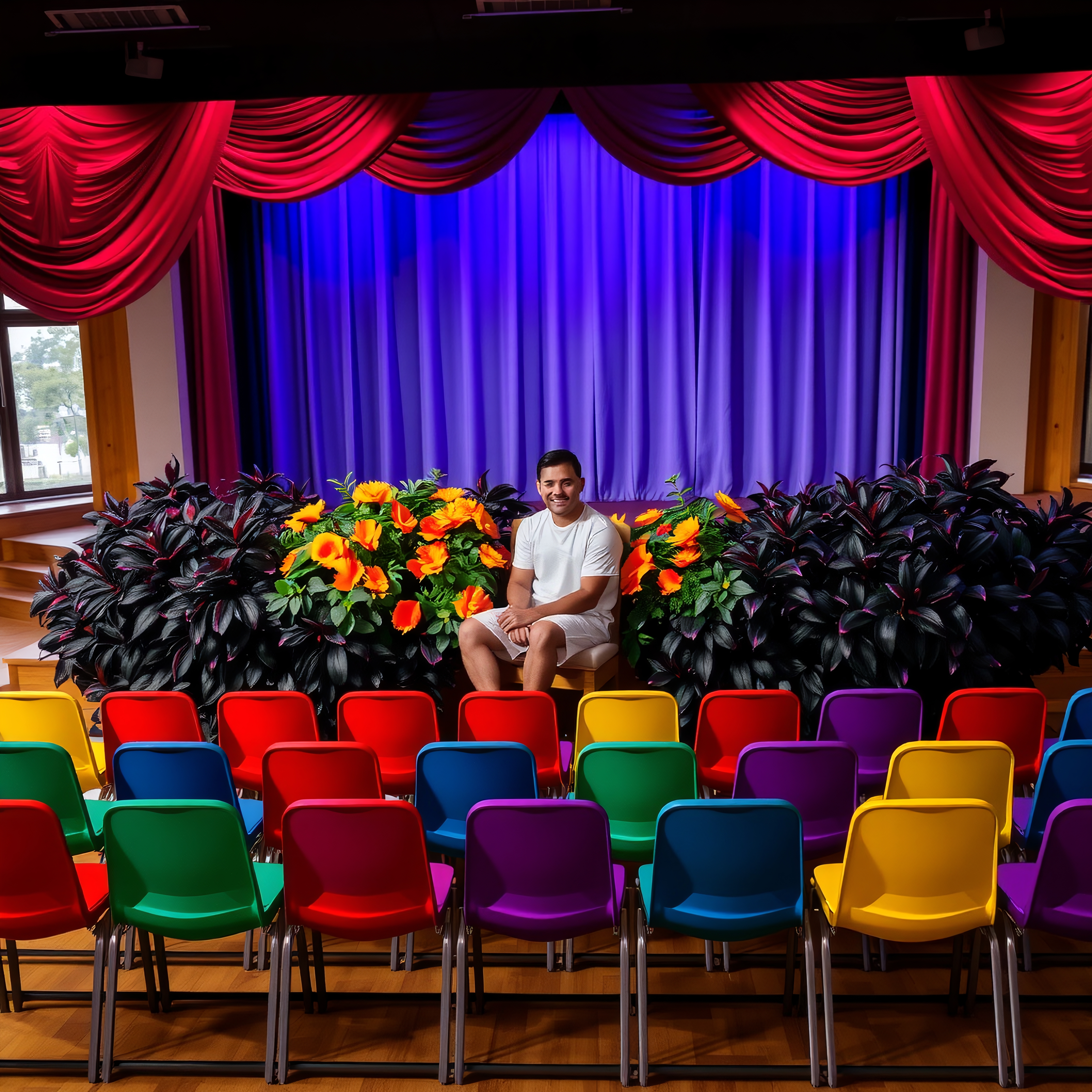 Vibrant theater stage with colorful seating and floral decor.